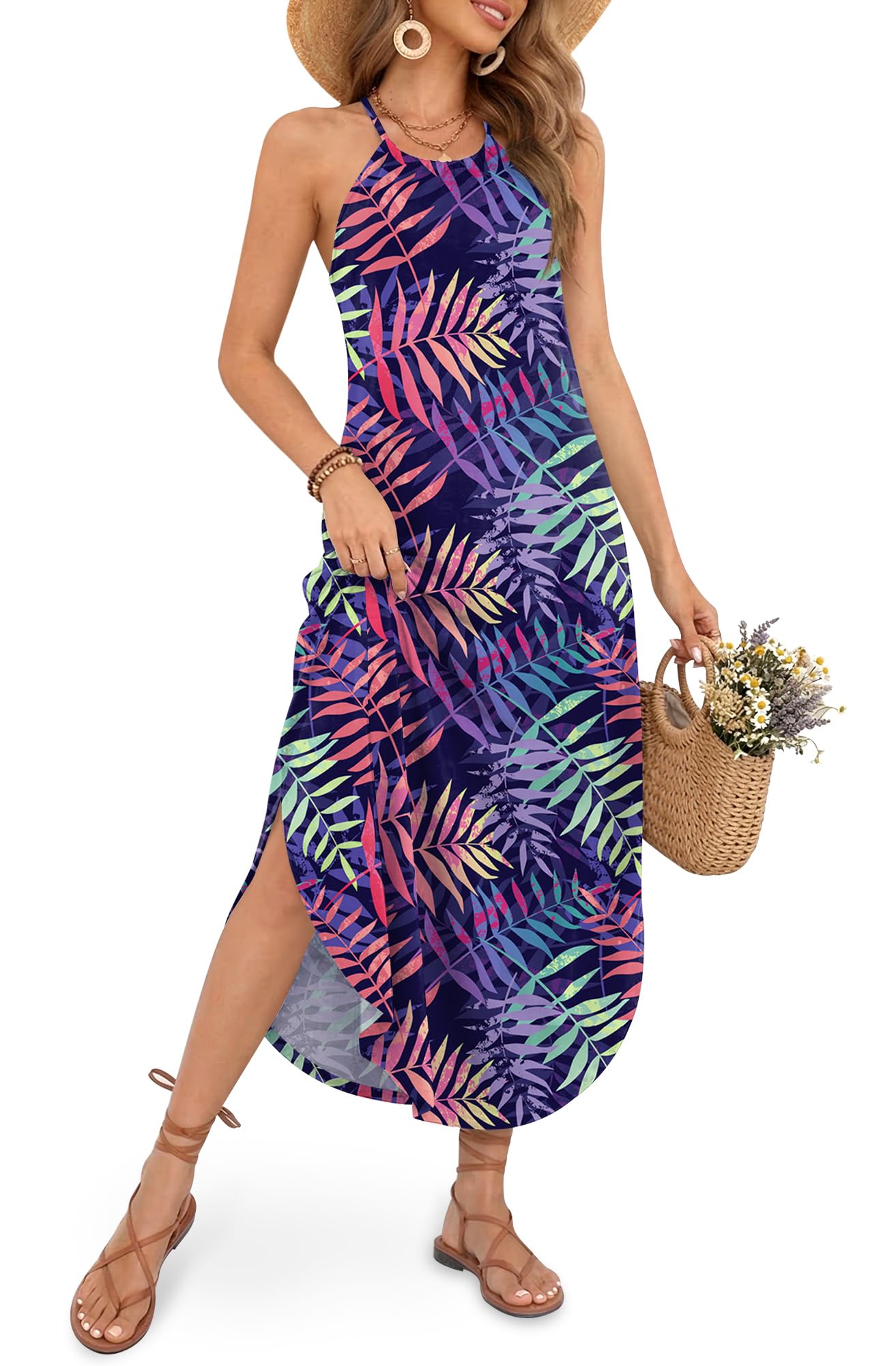 For G and PL Women's Summer Casual Halter Side Slit Maxi Beach Dress Resort Vacation Cruise Wear Sundress