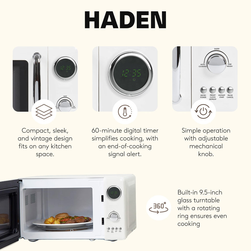 Haden 700 Watt 0.7 Cubic Foot Microwave Oven with Digital Controls, Defrost, and Instant Start Countertop Small Appliance, Ivory/Chrome