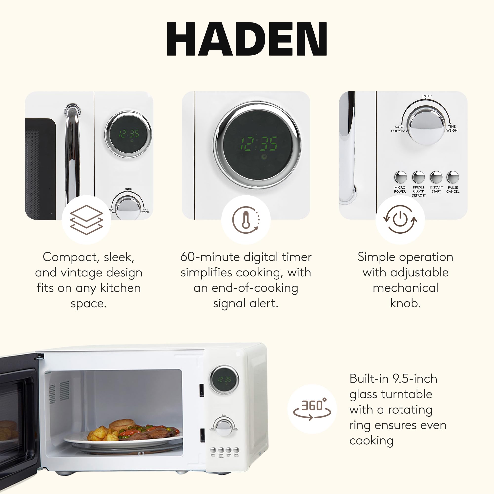 Haden 700 Watt 0.7 Cubic Foot Microwave Oven with Digital Controls, Defrost, and Instant Start Countertop Small Appliance, Ivory/Chrome