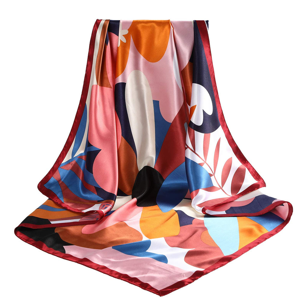 AWAYTR 35” Large Satin Square Head Scarf - 2Pcs Silk Like Floral Head Scarves Square Satin Hair Scarf Bandanas for Women