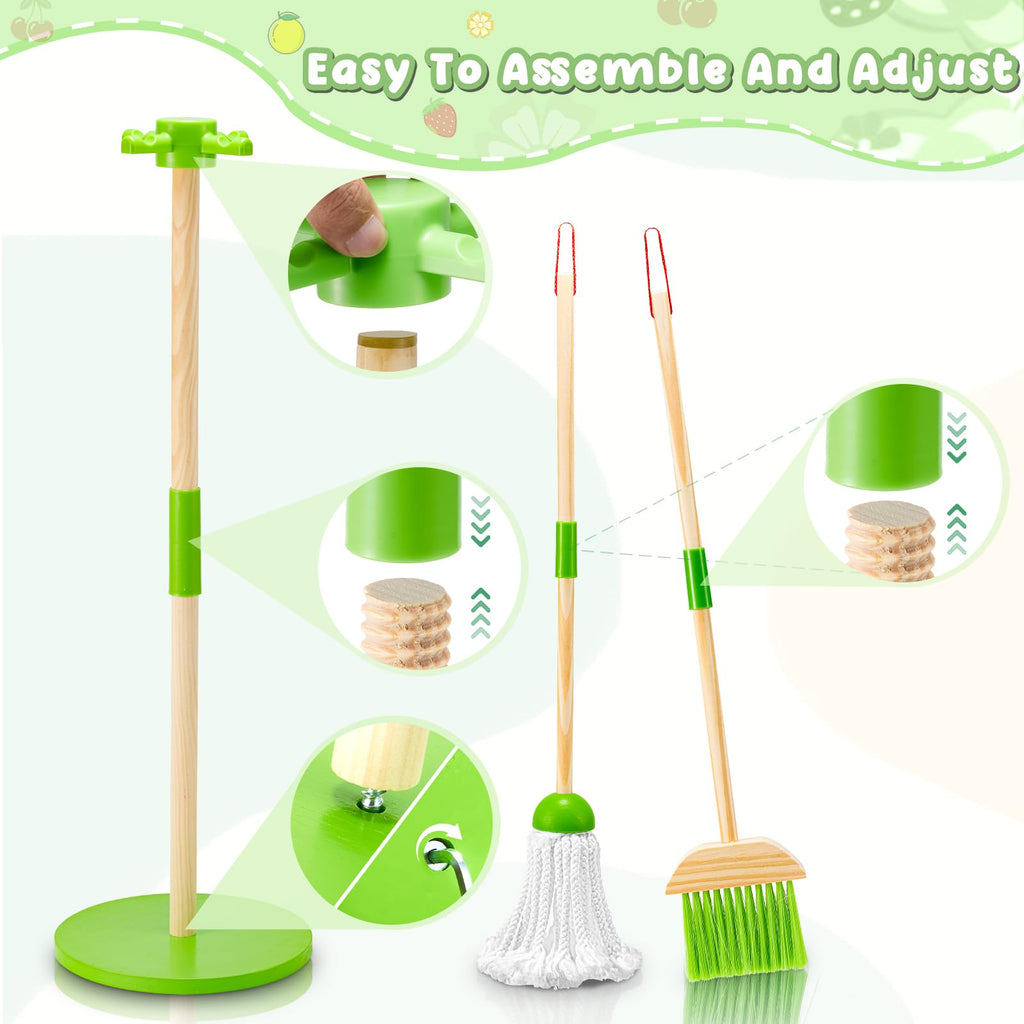 WHOHOLL Wooden Kids Cleaning Toy Set Toddler Broom and Dustpan Set for Housekeeping 9 Pcs Broom and Mop Set for Toddlers 3-6, Cleaning Toys with Sponge, Christmas Birthday Gifts for Boys Girls