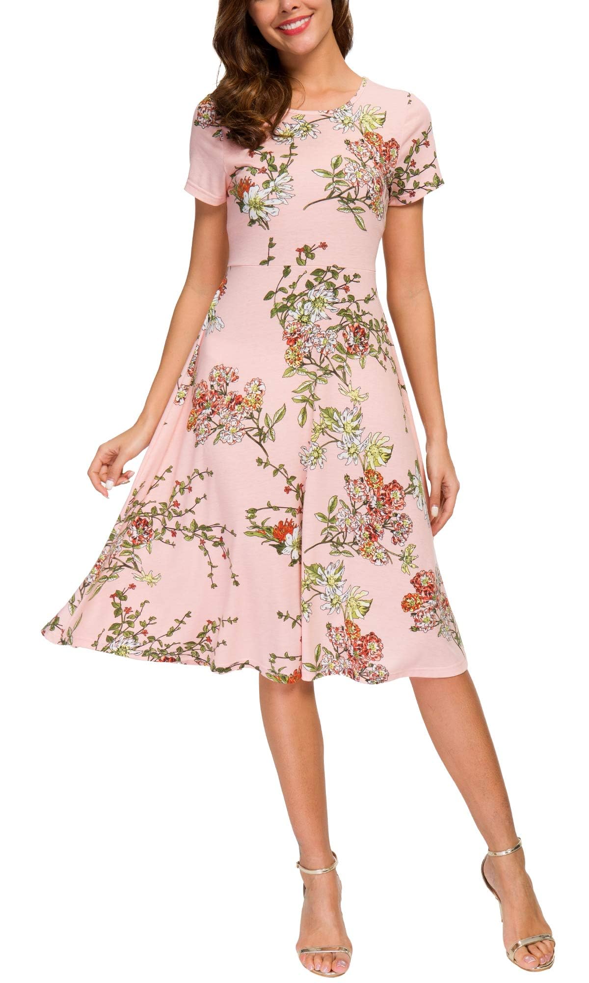 Urban CoCo Women's Vintage Short Sleeve High Waist Flared Midi Casual Summer Dress