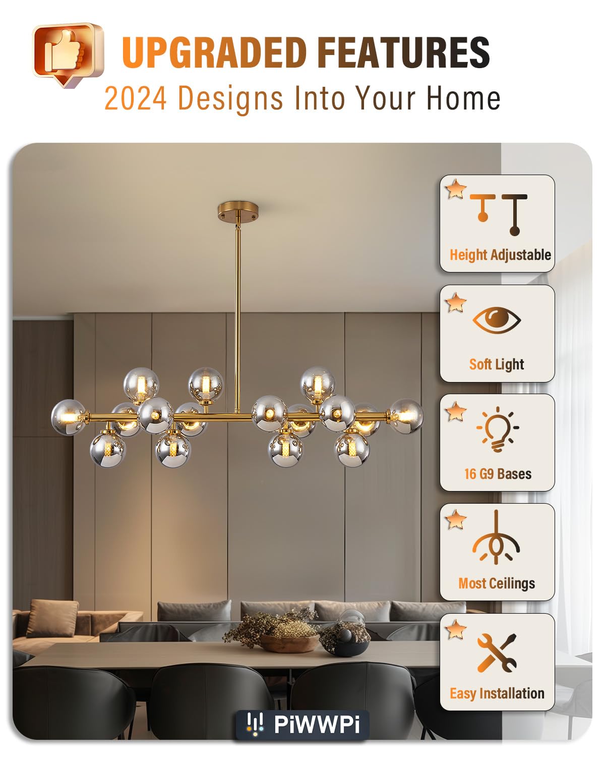 Modern Linear Chandeliers for Dining Room, 8-Light Globe Sputnik Pendant Ceiling Light, Black Dining Room Light Fixture Over Table, Mid Century Glass Milk White Bubble, 31.5 Inch, GC-09