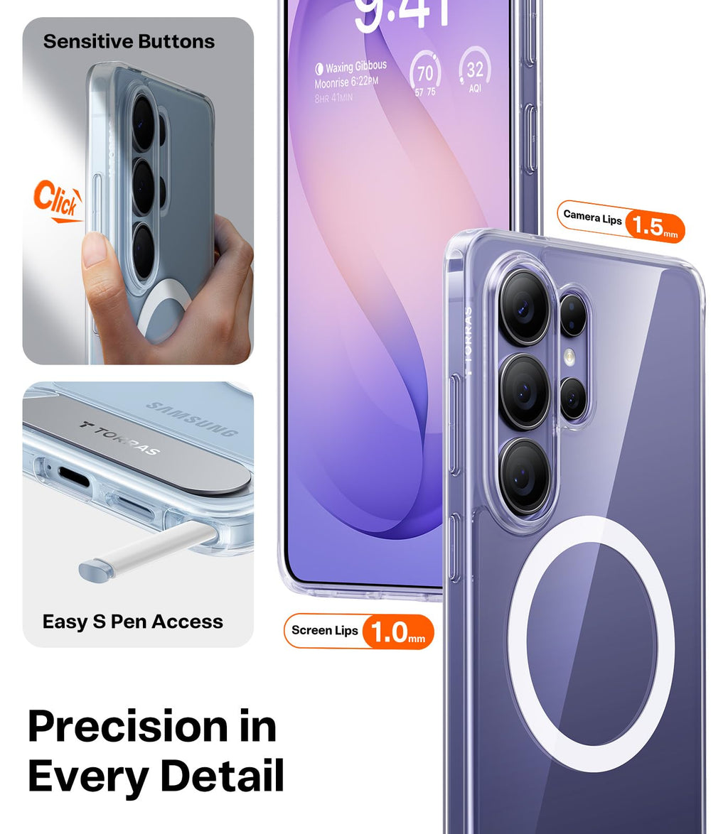 TORRAS Strong Magnetic & Seamless Stand for Samsung Galaxy S24 Ultra Case, Fit for MagSafe, Mil-Grade Drop Protection, Kickstand for Samsung Galaxy S24 Ultra Case, Translucent Back/Black Edge