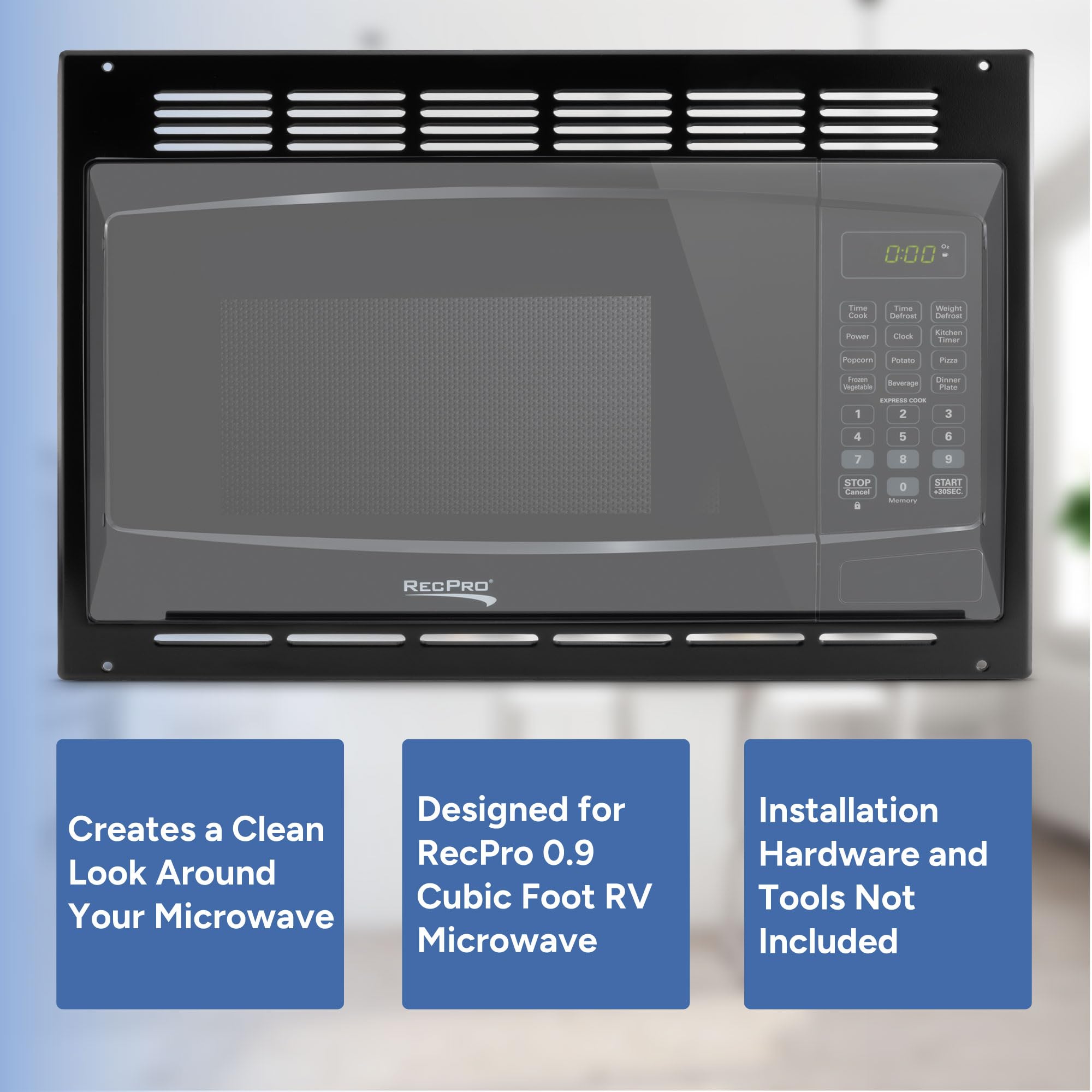 RecPro RV Microwave with Trim Kit | 1.0 Cu. Ft. | 900W | Direct replacement for Greystone and High Pointe (Black)