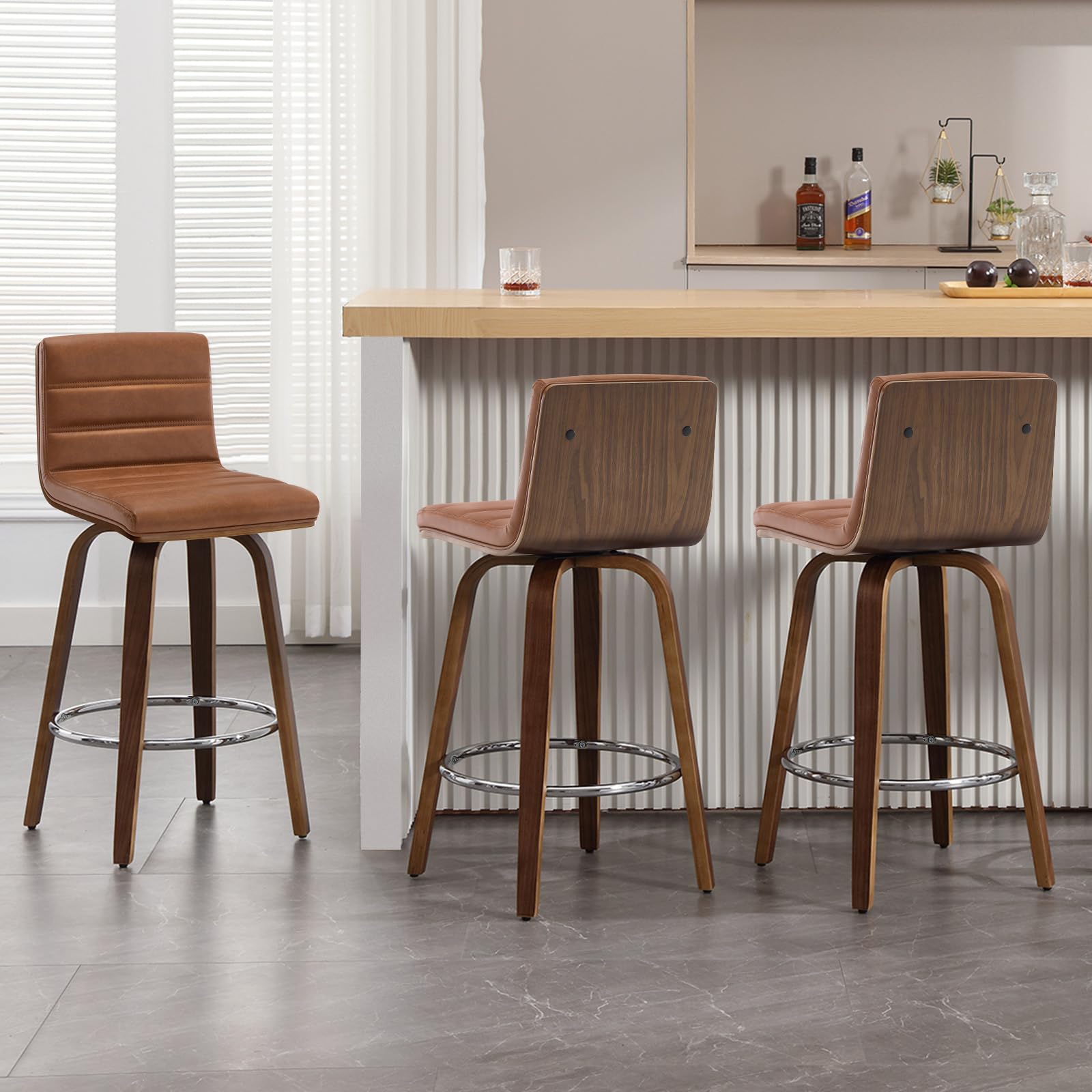 Bar Stools 29 Inch Bar Height, Swivel Bar Stools with Backs Upholstered PU Leather Barstool, L Shape Back and Padded Seat, Mid-Century Modern Bar Stool Pub Chairs for Kitchen Counter Island, Black