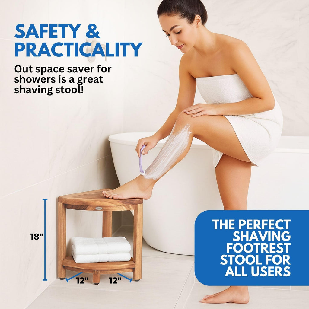 DecoTeak Teak Corner Shower Shelf – 2 Tier Waterproof Bathroom Storage Organizer Compact Wood Storage | Water-Resistant Design | Space Saver for Showers & Small Bathrooms | Shaving Foot Rest