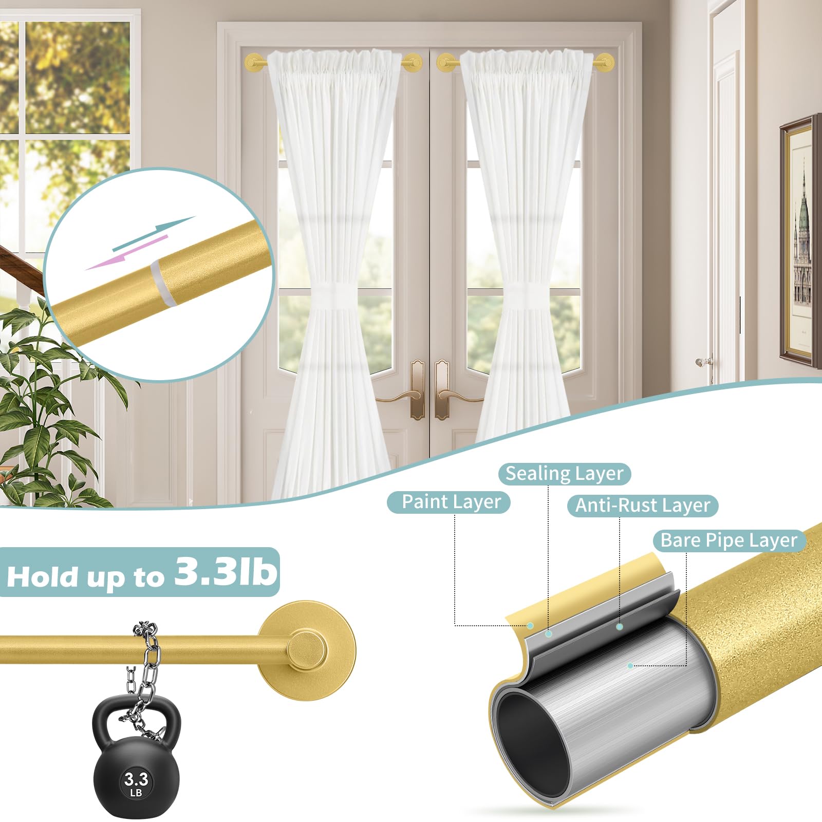 Gold Magnetic Curtain Rod for Door:Magnet Curtain Rods for Classroom Whiteboard,Small Adjustable Magnetic Towel Bar,Tool-Free French Magnet Pole with Leather Protective Cover No Drilling 16-28"
