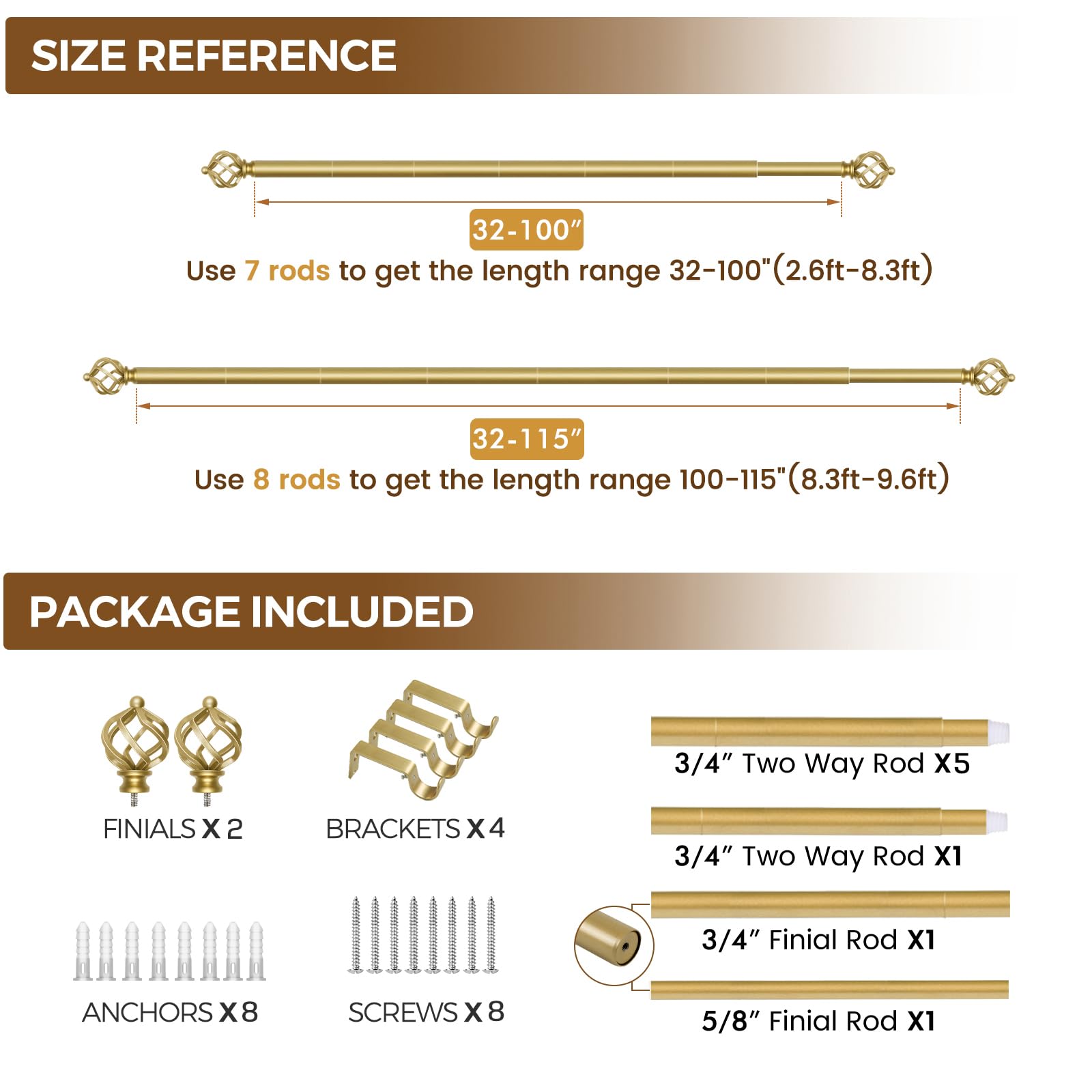 KAMANINA Silver Curtain Rod 32 to 58 Inch(2.6-4.8ft), Adjustable Curtain Rods for Windows 28 to 48 Inch, 3/4 Inch Splicing Drapery Rods with Twisted Cage Finial