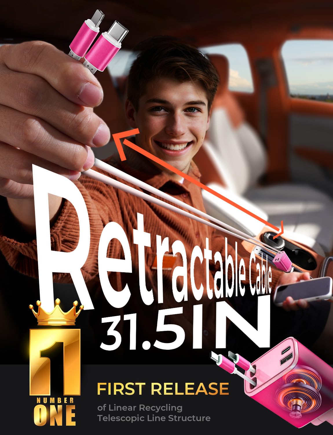 LISEN Retractable Car Charger, 84W Car Charger USB C Fast Charger Adapter for iPhone, Car Accessories for Men Women, Birthday Gifts for Fathers Day for Men Dad Husband, for iPhone 17 16 15 14 13 12 11