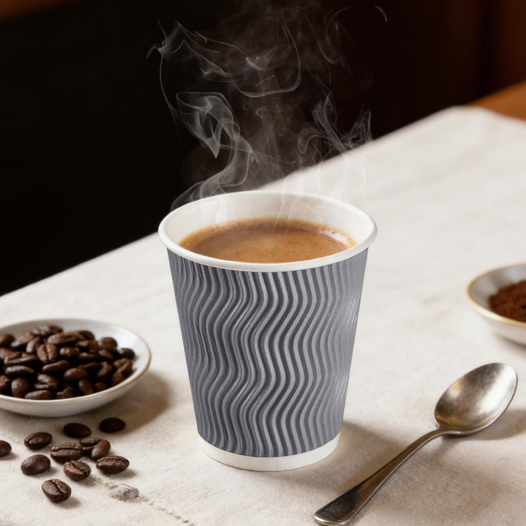 BYSNOW 100 Pack 10 oz Coffee Cups with Lids, Disposable Insulated Hot Cups To Go Paper Coffee Cups, Corrugated Ripple Wall Cup for Hot Drink, Office, Coffee Bar (Grey 10 oz)