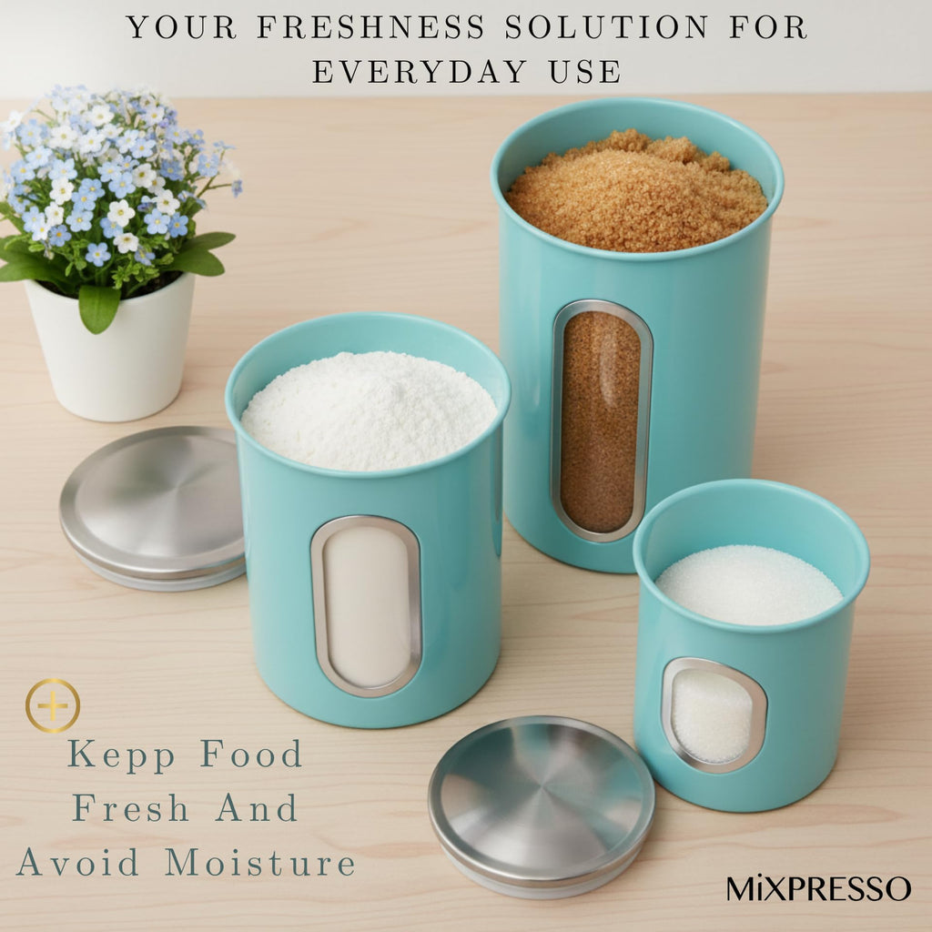 Mixpresso 3-Piece Aqua Blue Canisters Sets For The Kitchen, Airtight Canister Set With See Through Window, Storage Jars for Coffee Container, Tea Organizer & Sugar Canister, Kitchen Canisters