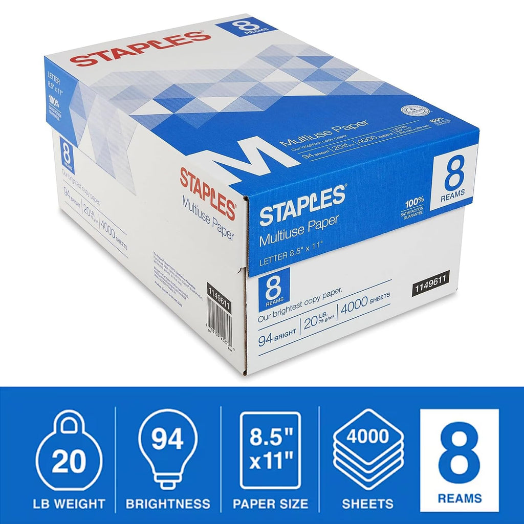 Staples Multiuse Copy Paper, 20 Lb, 94 Bright, 8 1/2" x 11", White, 3-Ream Case, For Office, School & Home