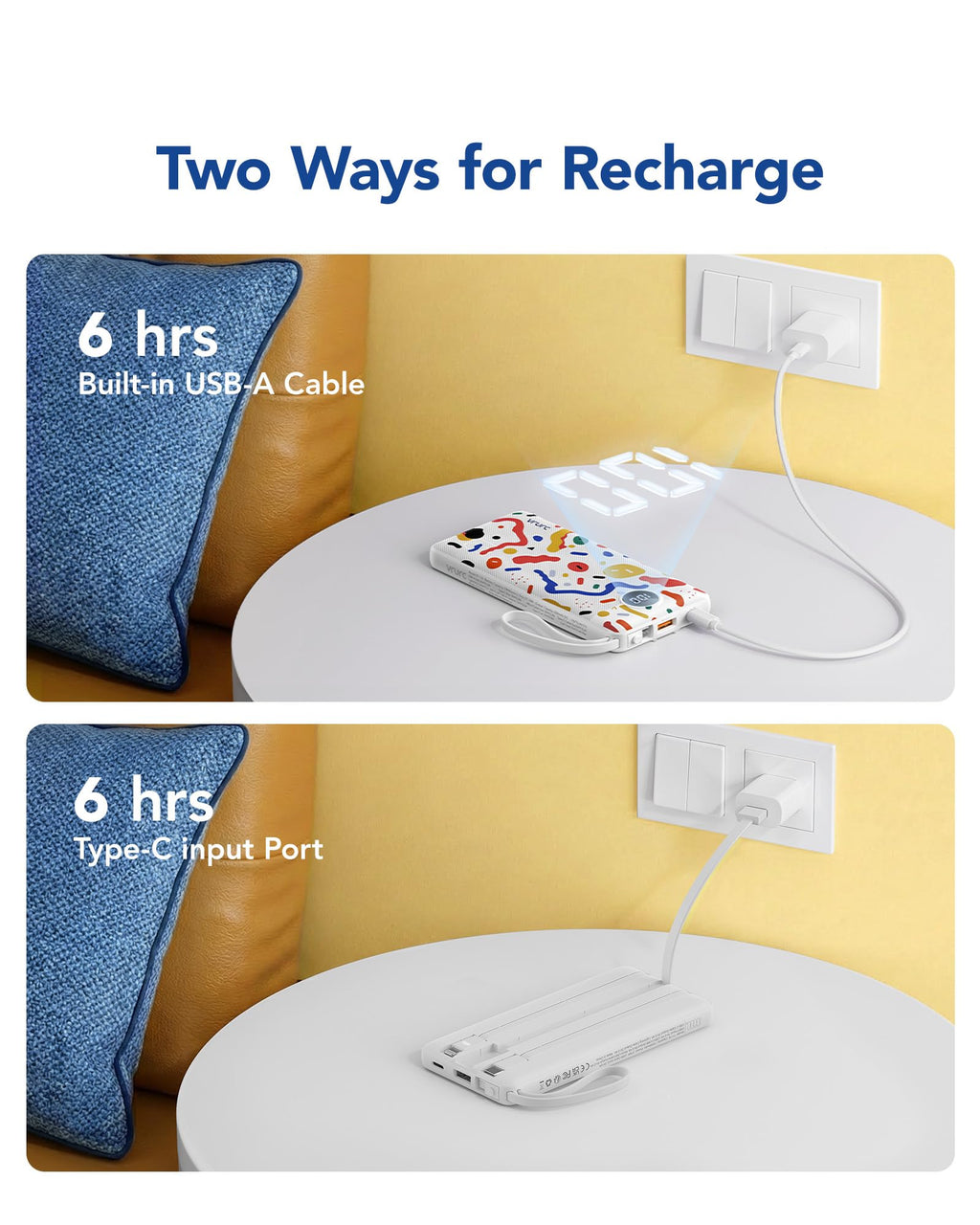 VRURC Portable Charger Power Bank, USB C Battery Pack 10000mAh, Flight-Safe Travel Essentials, 5 Outputs 2 Inputs Slim Phone Charging Bank Built-in Cables for Multi Devices-Lavender(1 Pack)