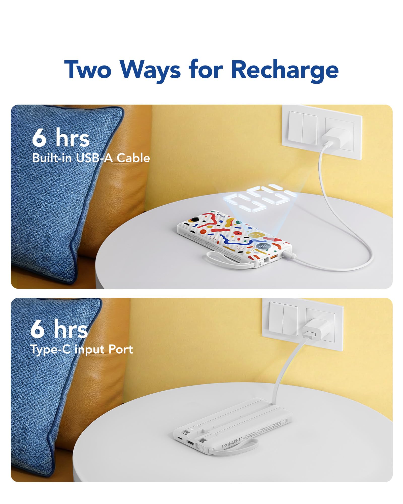 VRURC Portable Charger Power Bank, USB C Battery Pack 10000mAh, Flight-Safe Travel Essentials, 5 Outputs 2 Inputs Slim Phone Charging Bank Built-in Cables for Multi Devices-Lavender(1 Pack)