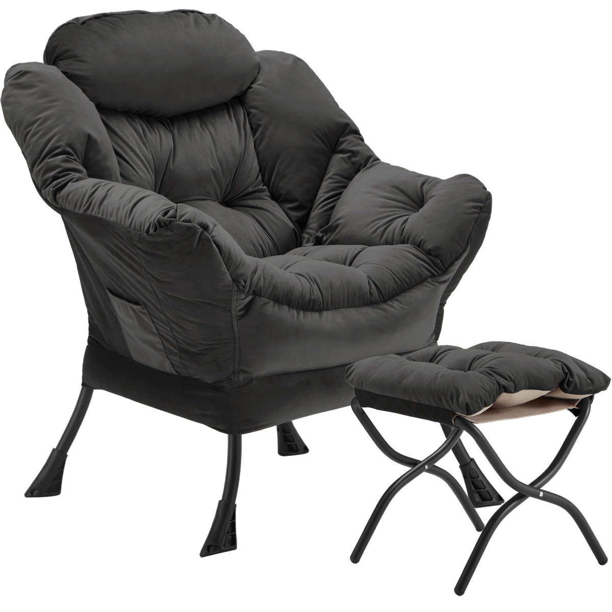 Youtanic Lazy Chair with Folding Ottoman, Accent Chair Velvet Upholstered with Metal Structure and Non-Slip Pads, Sofa Armchair with Footrest and Side Storage Bag for Dorm, Room, Office, Beige