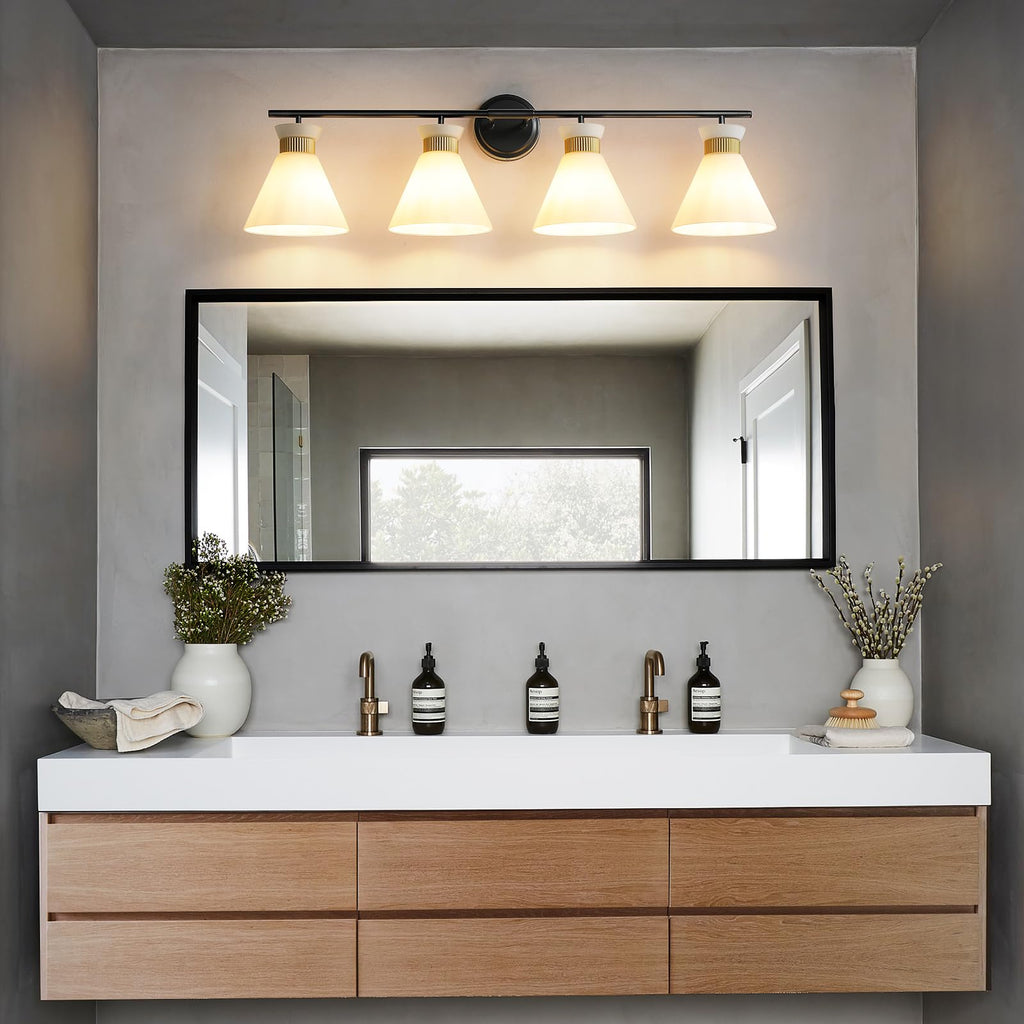 WOSHITU Gold Bathroom Light Fixtures: Modern Vanity Lighting Fixtures 2 Lights for Bathroom Mid Century Vanity Light Sconces Over Mirror with Frosted Milky Glass for Bath Bedroom Makeup