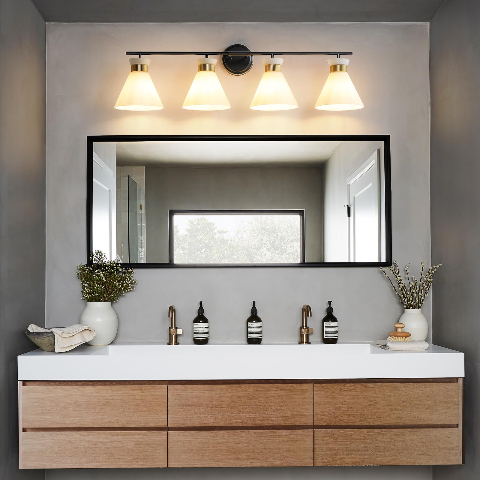 WOSHITU Gold Bathroom Light Fixtures: Modern Vanity Lighting Fixtures 2 Lights for Bathroom Mid Century Vanity Light Sconces Over Mirror with Frosted Milky Glass for Bath Bedroom Makeup