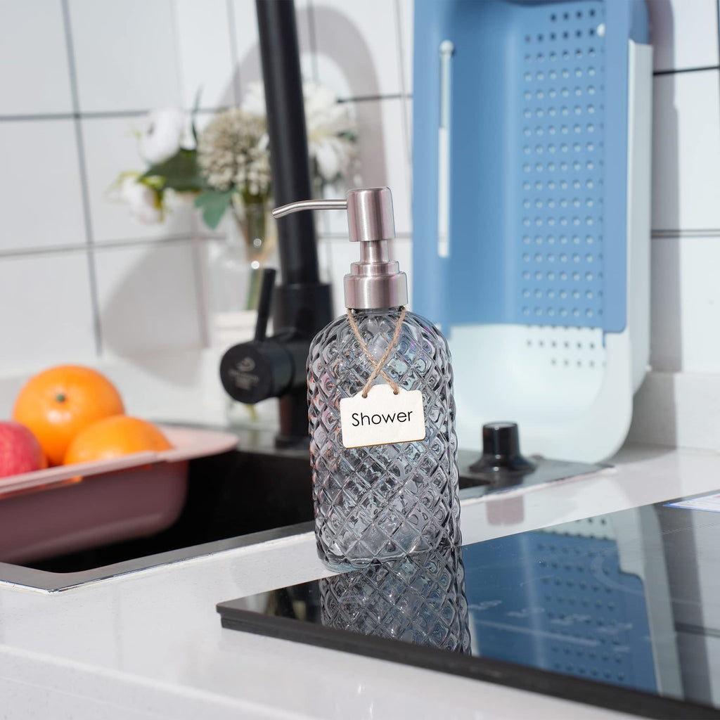 16 oz Diamond Pattern Glass Soap Dispenser, Kitchen and Bathroom Refillable Soap Dispenser with Rust Resistant Stainless Steel Pump for Hand Soap, Lotion Glass Liquid Dispenser(Amber)
