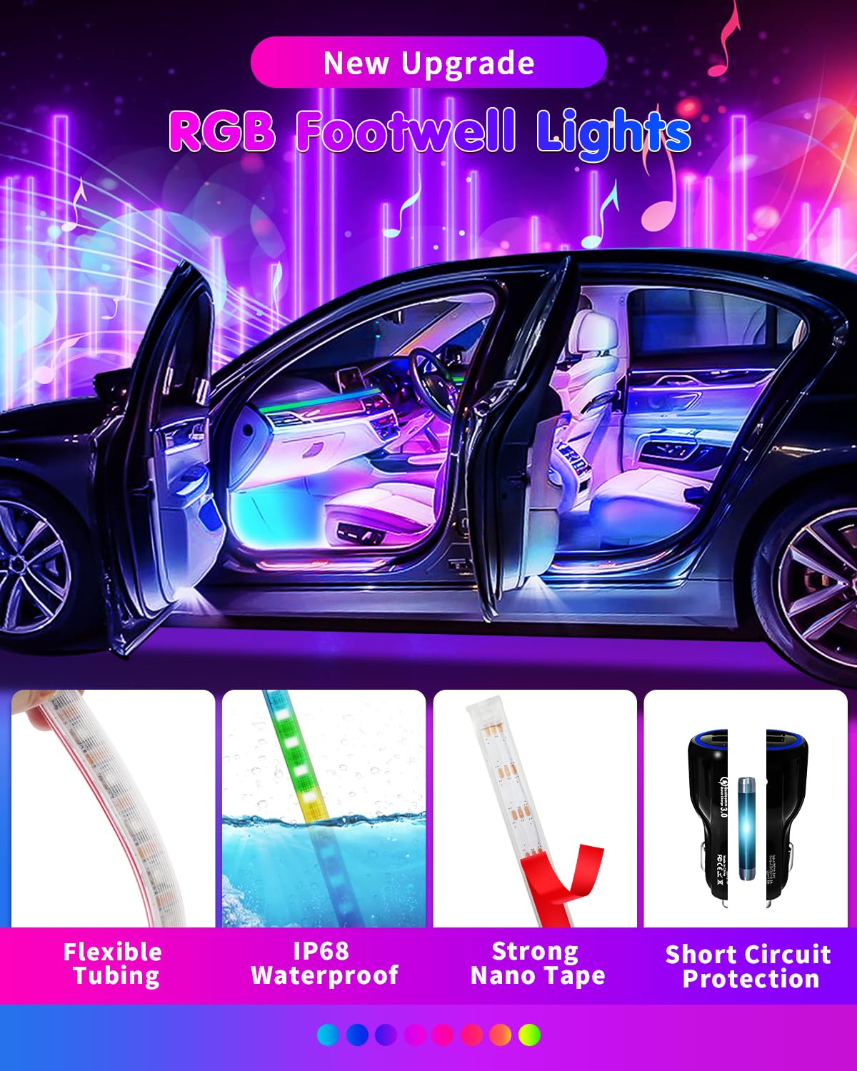 RGB Interior Car Strip Lights with Smart APP Control, Music Sync Under Dash Footwell Neon Internal Lighting Kit 2 Lines Design,12V LED Strip Lights for Cars, Trucks, SUVs with Car Charger(1 Set)