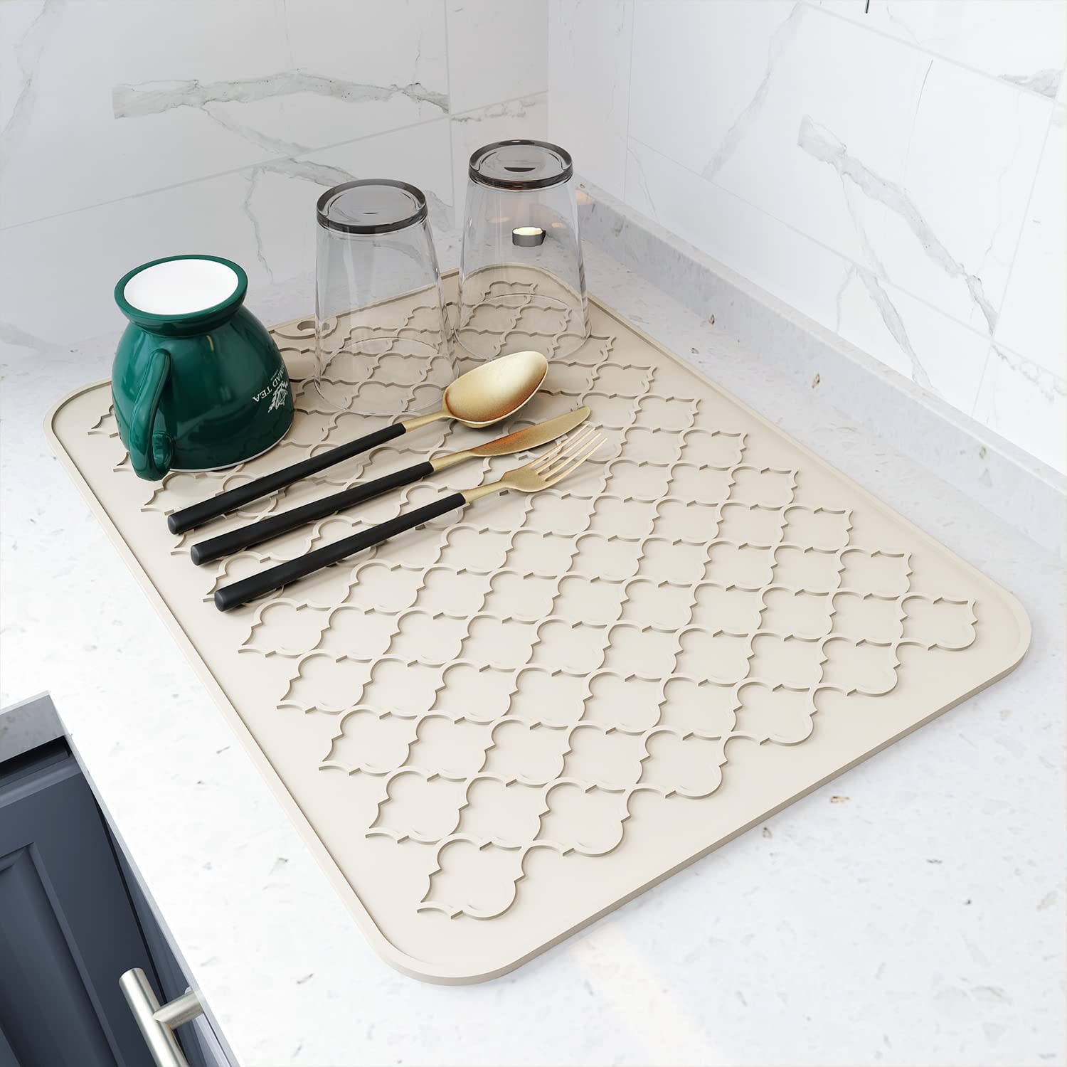 AMOAMI-Dish Drying Mats for Kitchen Counter-Silicone Dish Drying Mat-Kitchen Dish Drying Pad Heat Resistant Mat-Kitchen Gadgets Kitchen Accessories Kitchen Small Appliances(12" x 16", BEIGE)