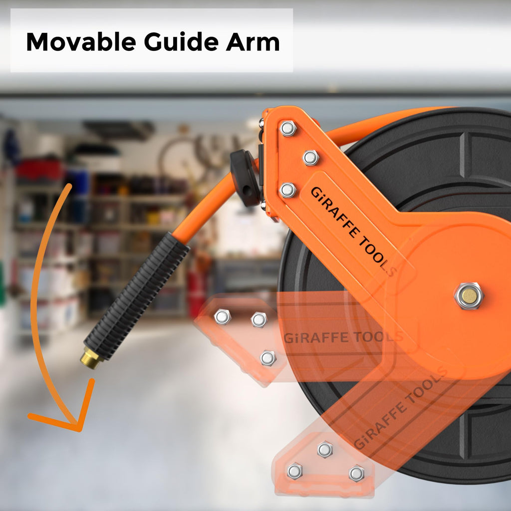Giraffe Tools Retractable Air Hose Reel, 3/8" Hybrid Hose, Air Compressor Heavy Duty Steel Reel Auto Rewind 300PSI, Wall Mount, 25ft