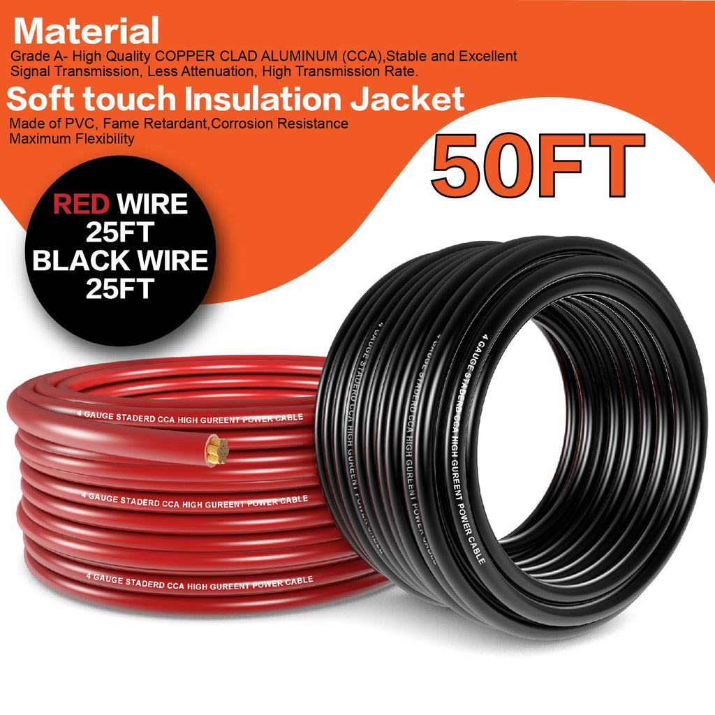 4 Gauge Wire (50ft Each - Red/Black) Copper Clad Aluminum CCA with Cable Cutter,Lugs Terminal Connectors and Heat Shrink Tube - Battery Power/Ground Cable,Car Audio Speaker,RV Trailer Amp Wiring kit