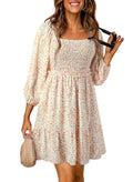 Dokotoo Fall Dresses for Women 2025 Boho Floral Square Neck Smocked 3/4 Sleeve Casual A-Line Swing Mini Dress Sundress