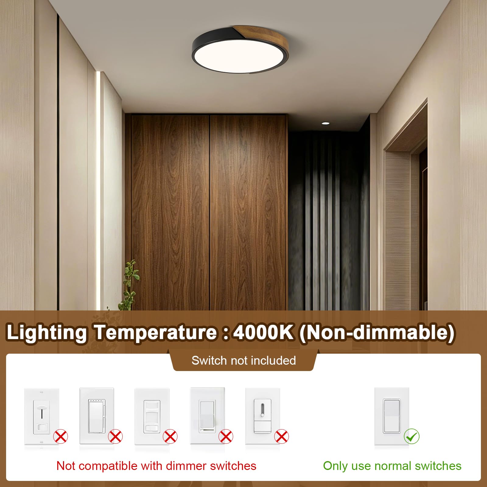 Modern LED Ceiling Light, Minimalist Wood Dimmable Flush Mount Ceiling Light Fixture, Round 5CCT Lighting Lamp with Acrylic Lampshade for Bedroom Hallway Kitchen Laundry, Black 11.8"