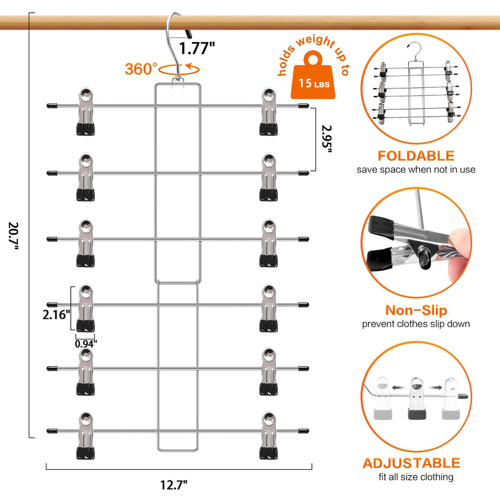 Closet Organizers and Storage, 6 Tier Storage and Organization Pants Hangers Space Saving, Metal Skirt Hangers with Adjustable Clip, 360° Swivel Hook, Dorm Room Essentials for College Students Girls