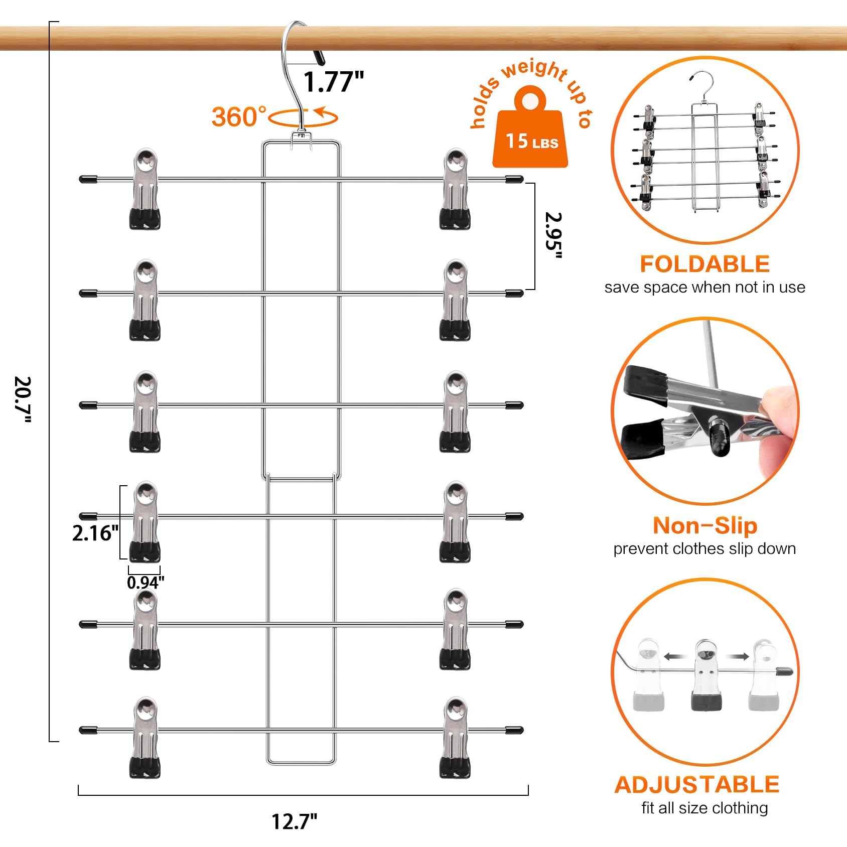 Closet Organizers and Storage, 6 Tier Storage and Organization Pants Hangers Space Saving, Metal Skirt Hangers with Adjustable Clip, 360° Swivel Hook, Dorm Room Essentials for College Students Girls