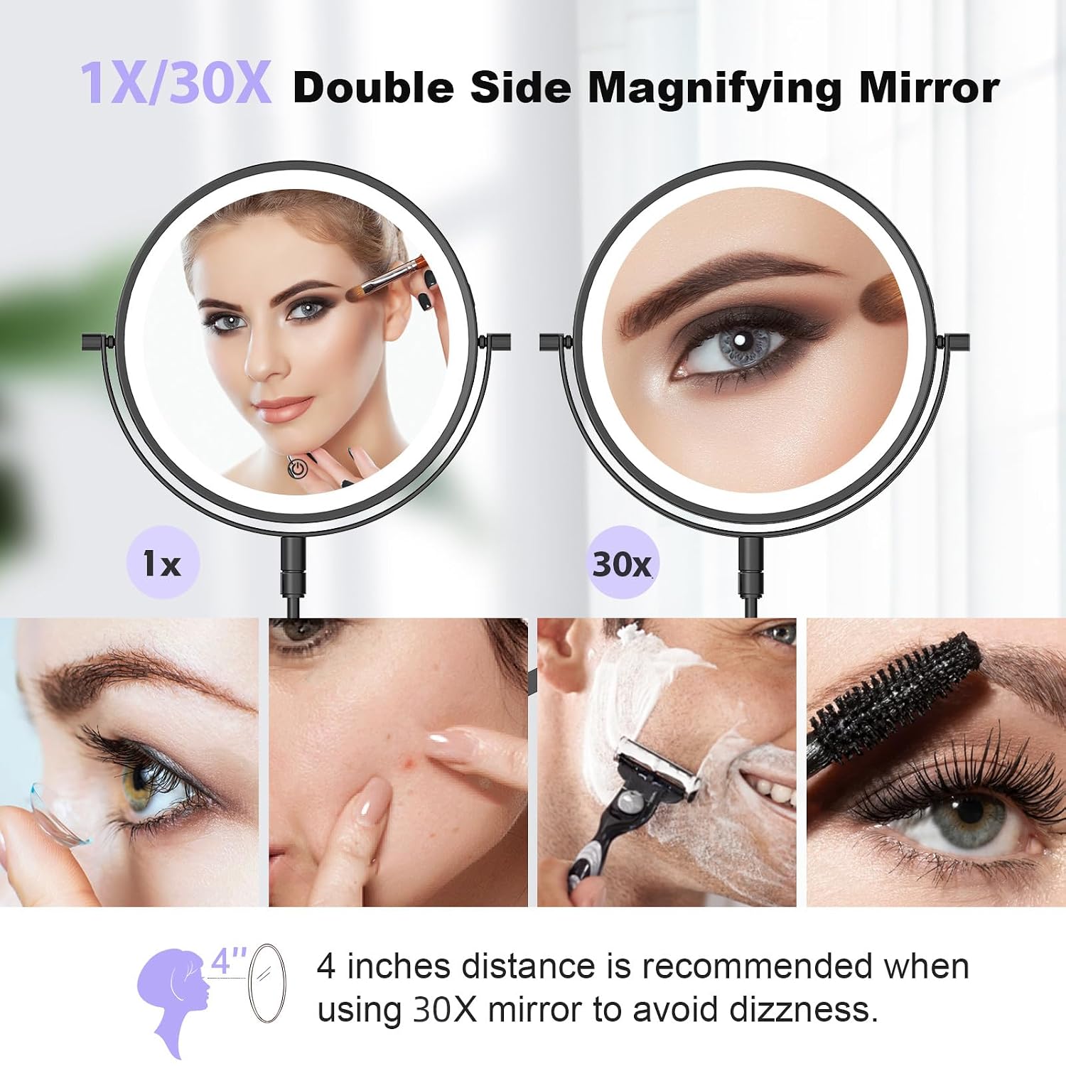 FUNTOUCH Rechargeable Cosmetic Mirror with 1X/30X Magnification, 4000 mAh, 3 Colours Lighting, Extended Arm Makeup Mirror, 360° Rotatable Wall Mirror for Bathroom and Hotel (Black)