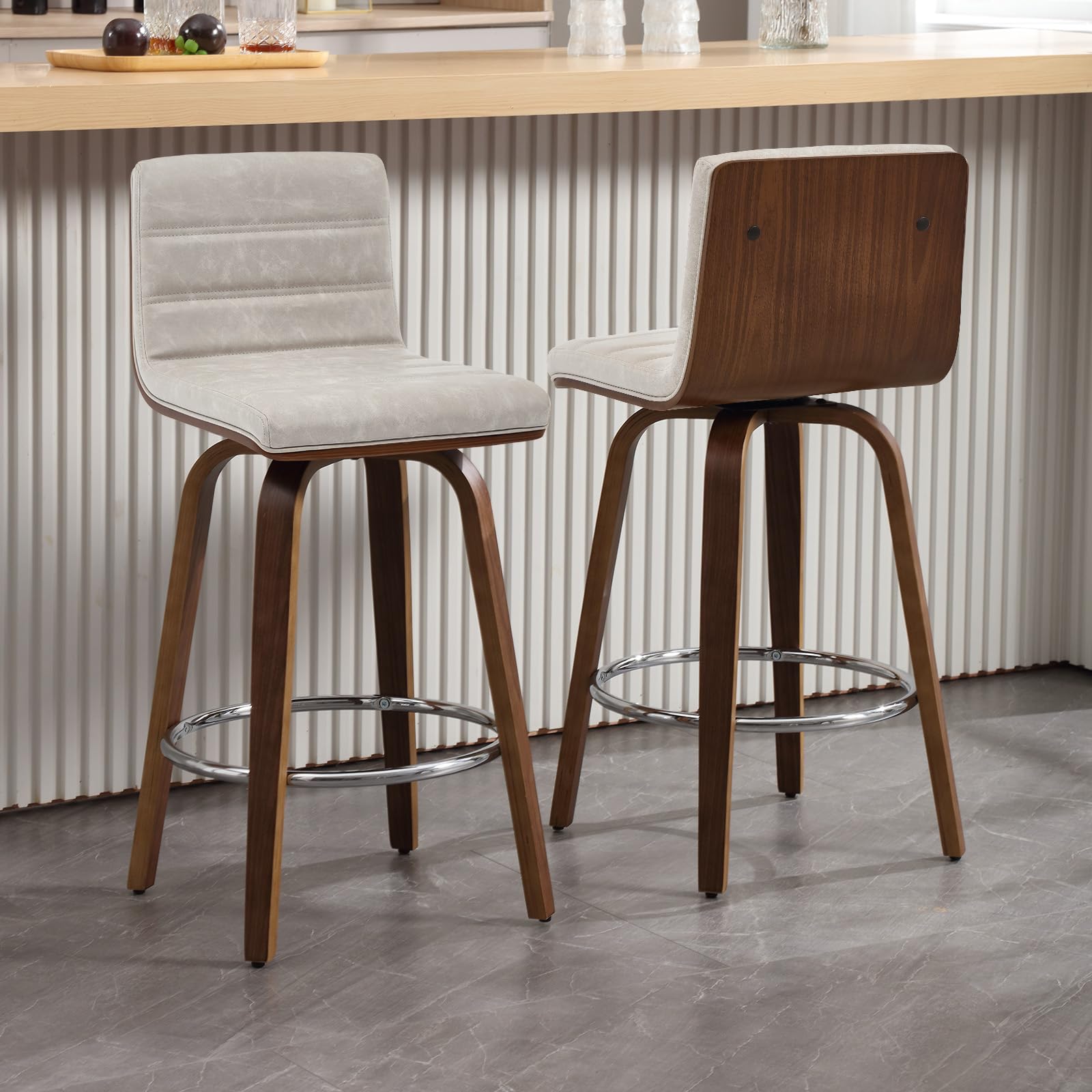 Bar Stools 29 Inch Bar Height, Swivel Bar Stools with Backs Upholstered PU Leather Barstool, L Shape Back and Padded Seat, Mid-Century Modern Bar Stool Pub Chairs for Kitchen Counter Island, Black