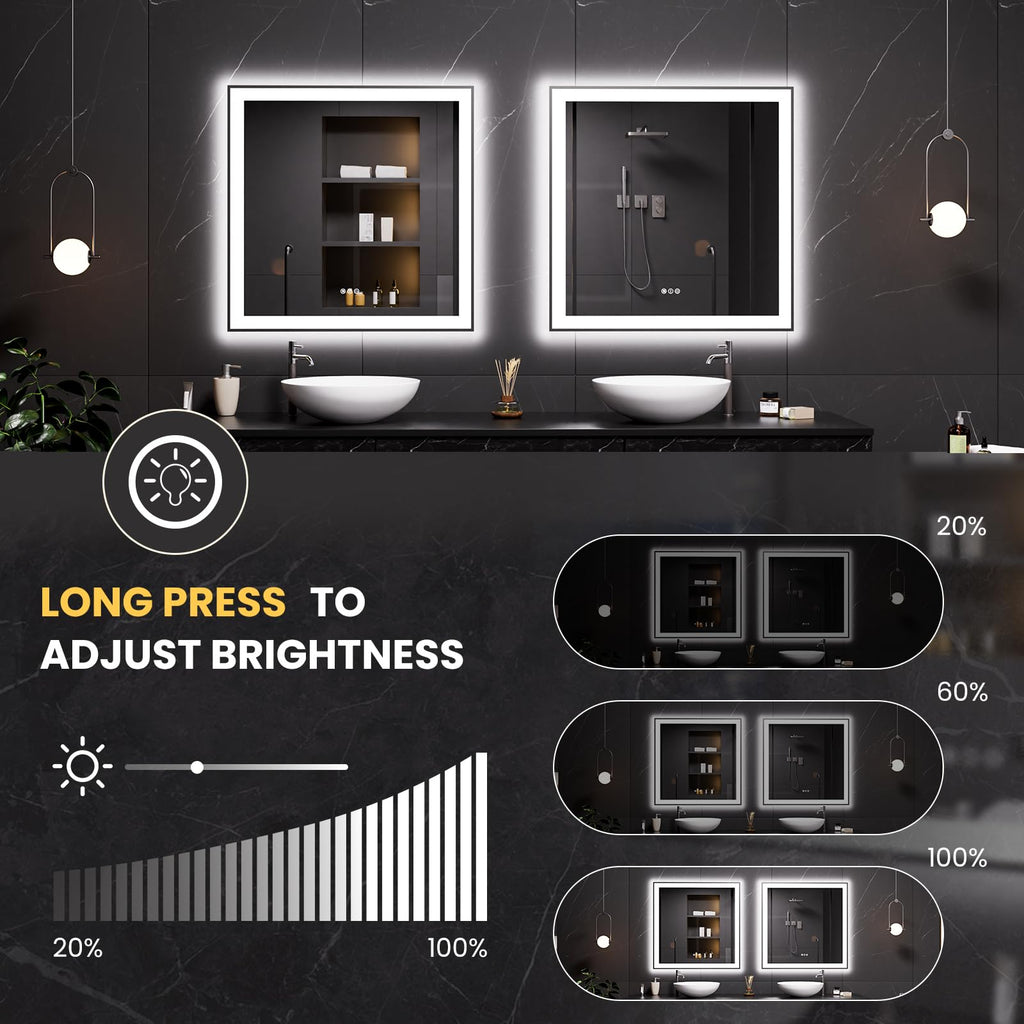 LOAAO 20"X28" LED Bathroom Mirror Black Framed | Anti-Fog, Dimmable, Memory Function, Tempered Glass, Lighted Vanity Mirror for Wall