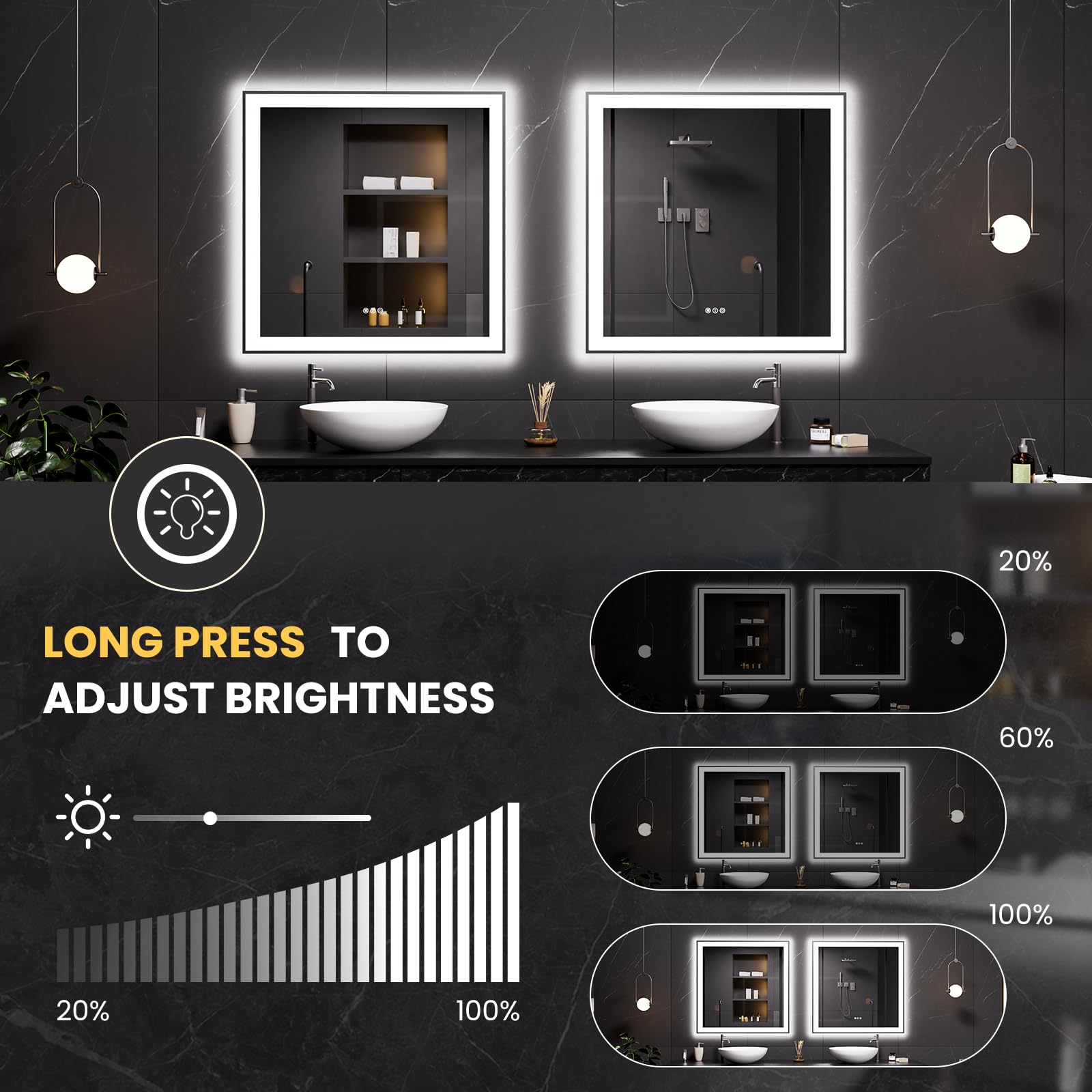 LOAAO 20"X28" LED Bathroom Mirror Black Framed | Anti-Fog, Dimmable, Memory Function, Tempered Glass, Lighted Vanity Mirror for Wall