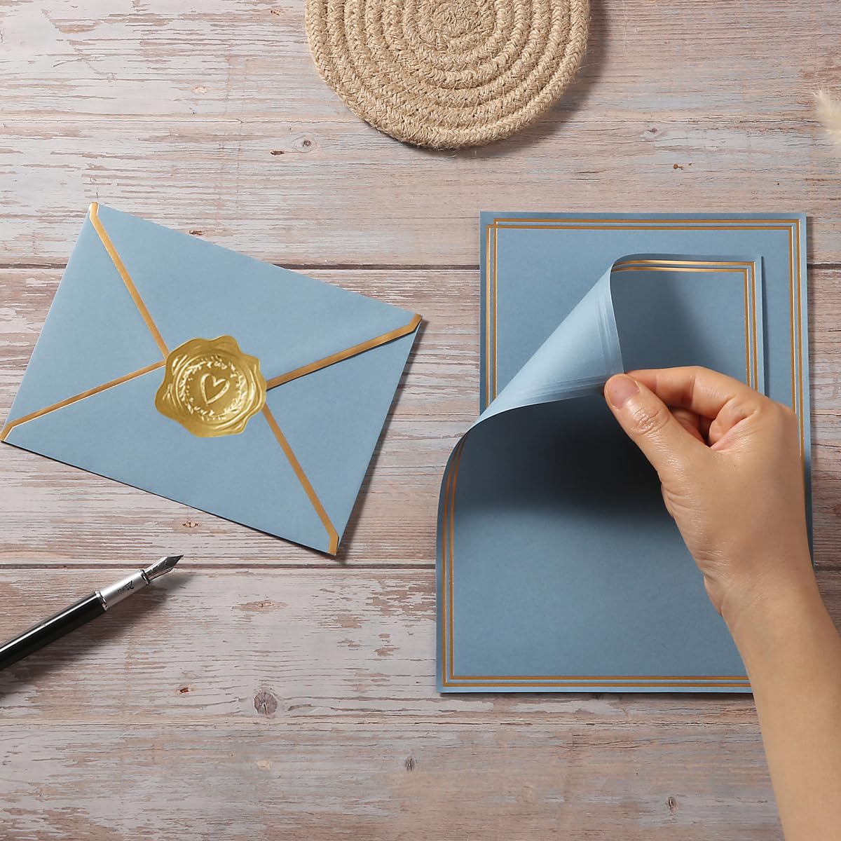 50 Pack Stationery Set with Envelopes, Cream Color, 8.5x11 Inches | Gold Border, #10 Business Envelopes and 8.5x11 Paper Sheets, Stickers for Letter Writing, Invitations