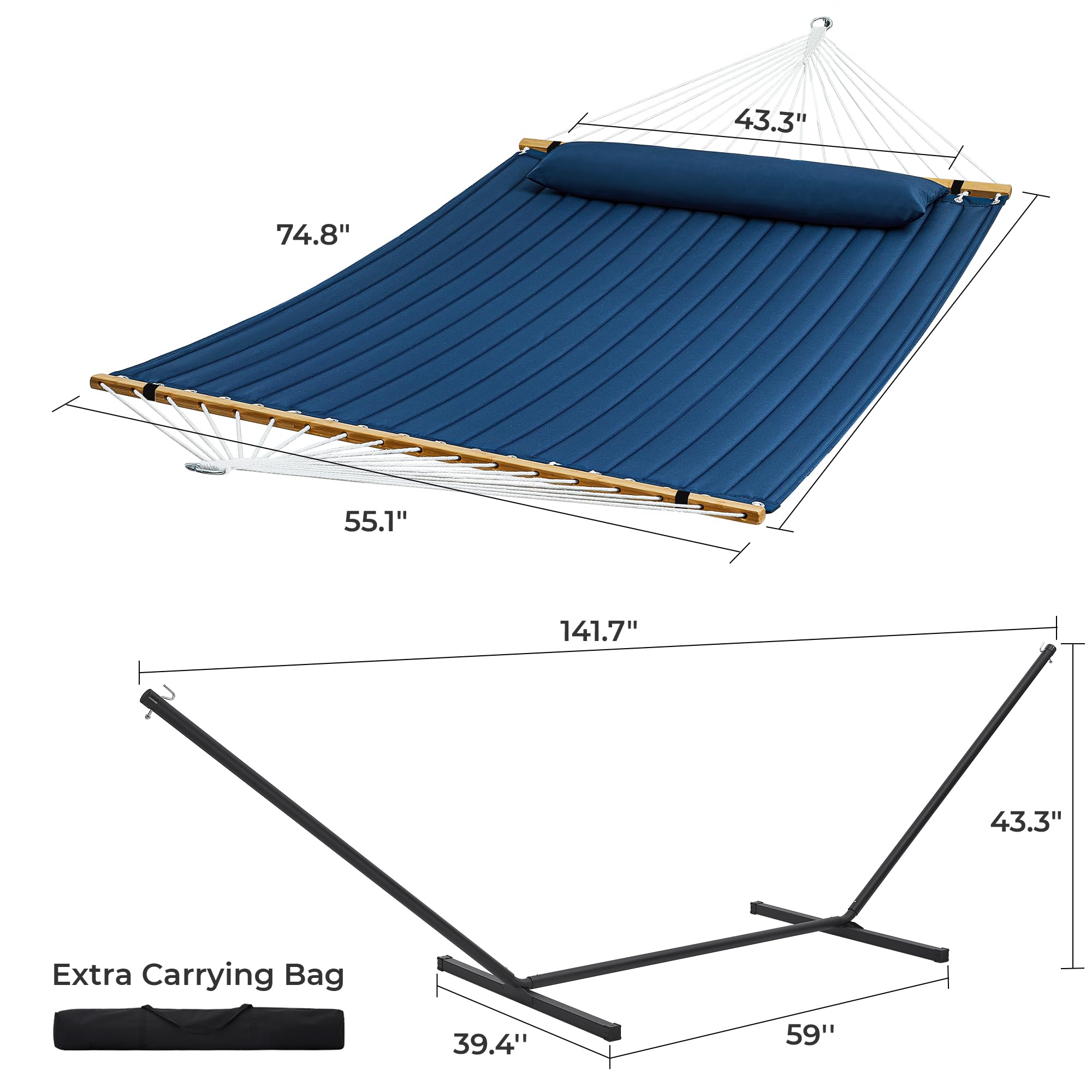 SUPERJARE Hammock with Stand, 2 Person Quilted Outdoor Hammock, Detachable Pillow & Bamboo Spreaders, Portable Hammock with Carrying Bag, Heavy Duty Stand, Perfect for Outside, Patio, Aqua Blue