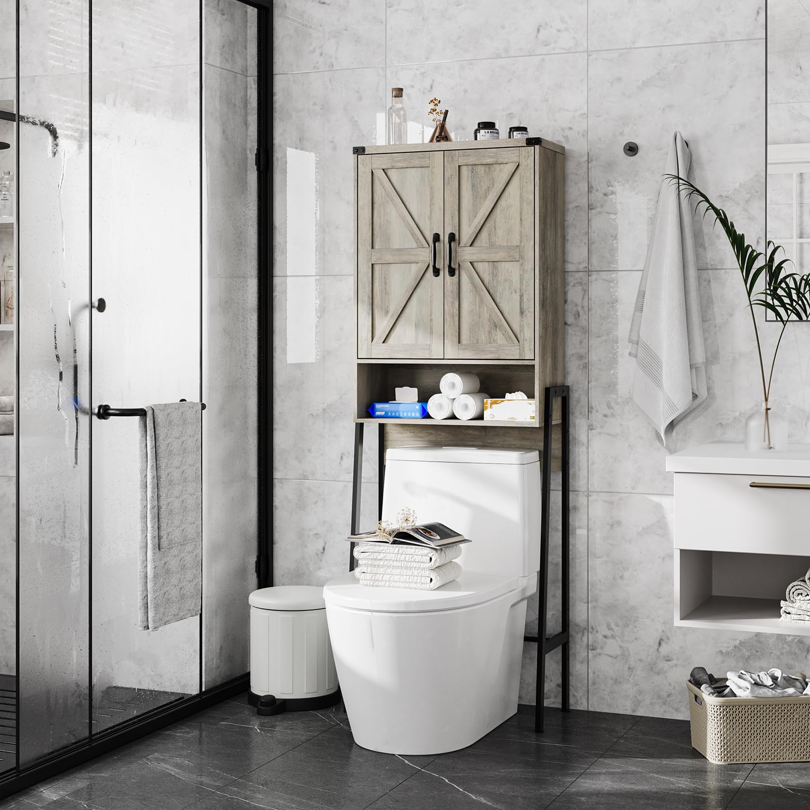 Vabches Over The Toilet Storage Cabinet with 2-Door Design Bathroom Organizers and Storage with Anti-Tip Device Over Toilet Organizer with Shelves for Bathroom,Restroom,Laundry Black