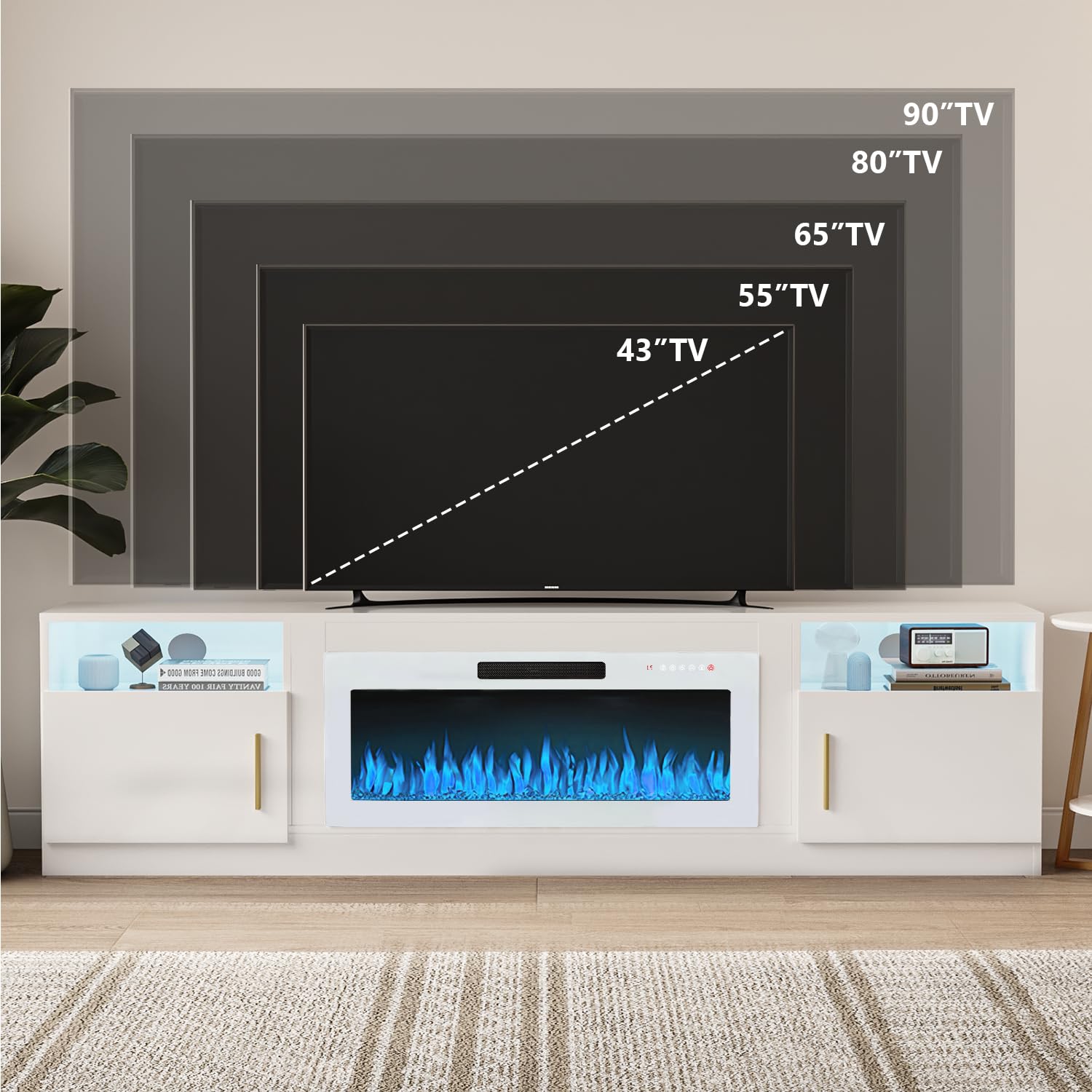 VITESSE 58 Inches Fireplace TV Stand for TVs up to 65 Inches Console with 18'' Electric Fireplace & Remote,Wooden Modern Entertainment Center for Living Room with LED Light Glass Shelves（Bei）