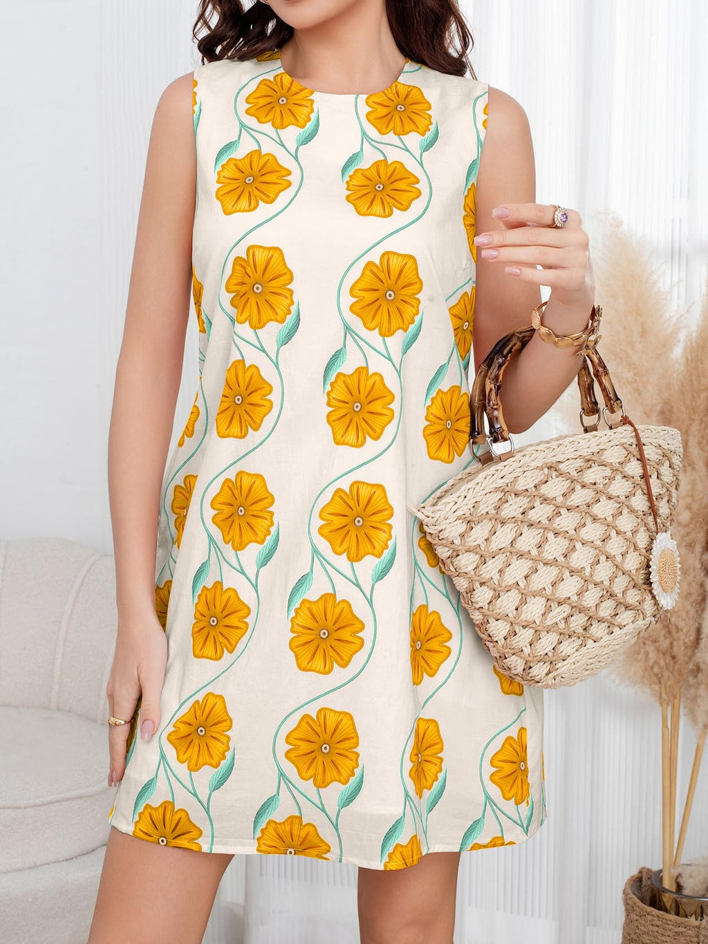 CHARTOU Women 2025 Summer Sleeveless Floral Short Shift Dress Cotton Linen Loose Tank Dress
