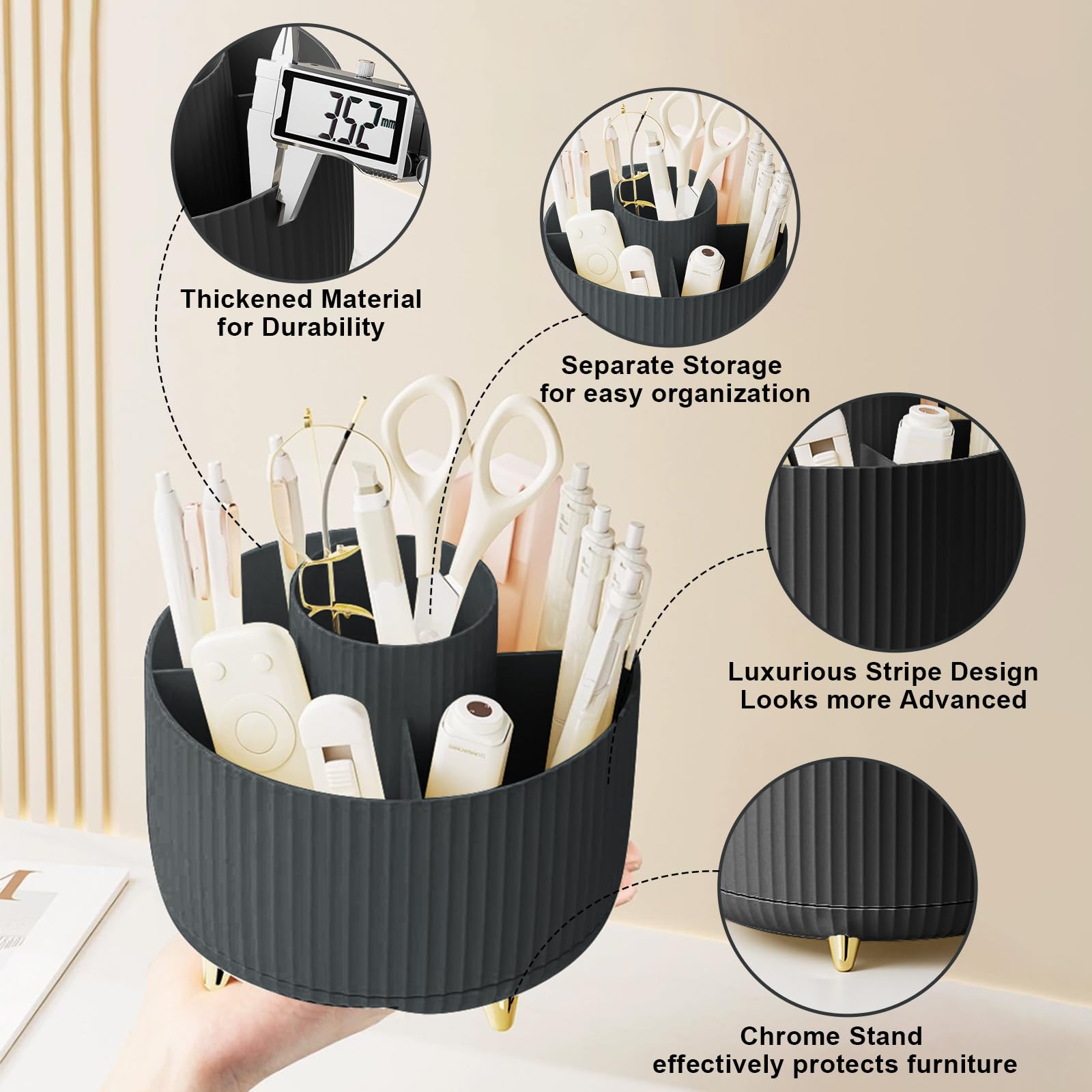 Makeup Brush Holder Organizer,360° Rotating Makeup Brush Organizer,5 Slot Make up Brushes Cup for Cosmetics, Nail Polish, Art Supply, Bathroom Vanity Desktop Organizer - Black