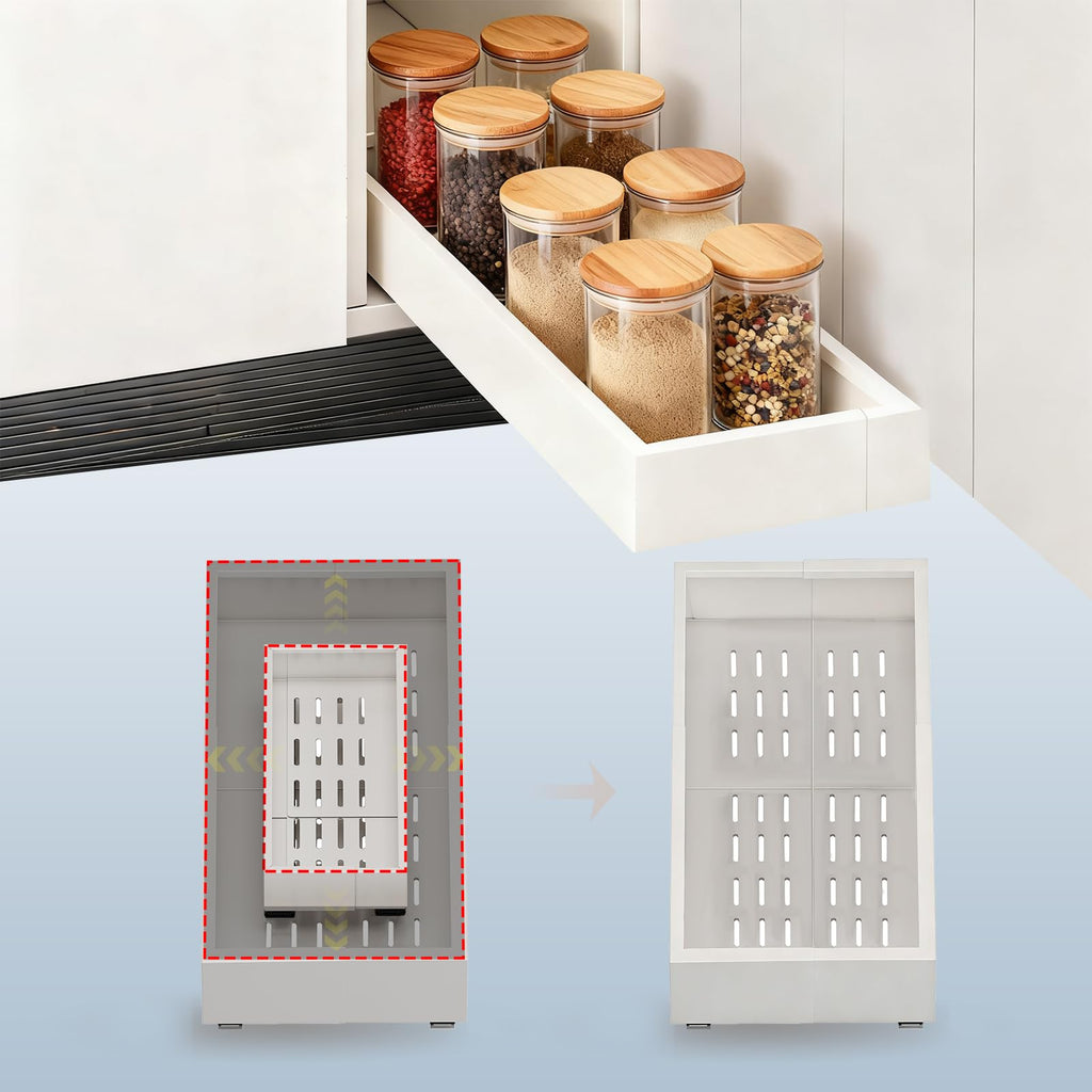 Pull out Cabinet Organizer,Width (11"-16") and Depth (17"-24") Expandable With 3 Rails,No Drill Adjustable Slide out Drawers for Kitchen,Pantry,Adhesive Roll out Shelves,for Cabinets without Lip,Black