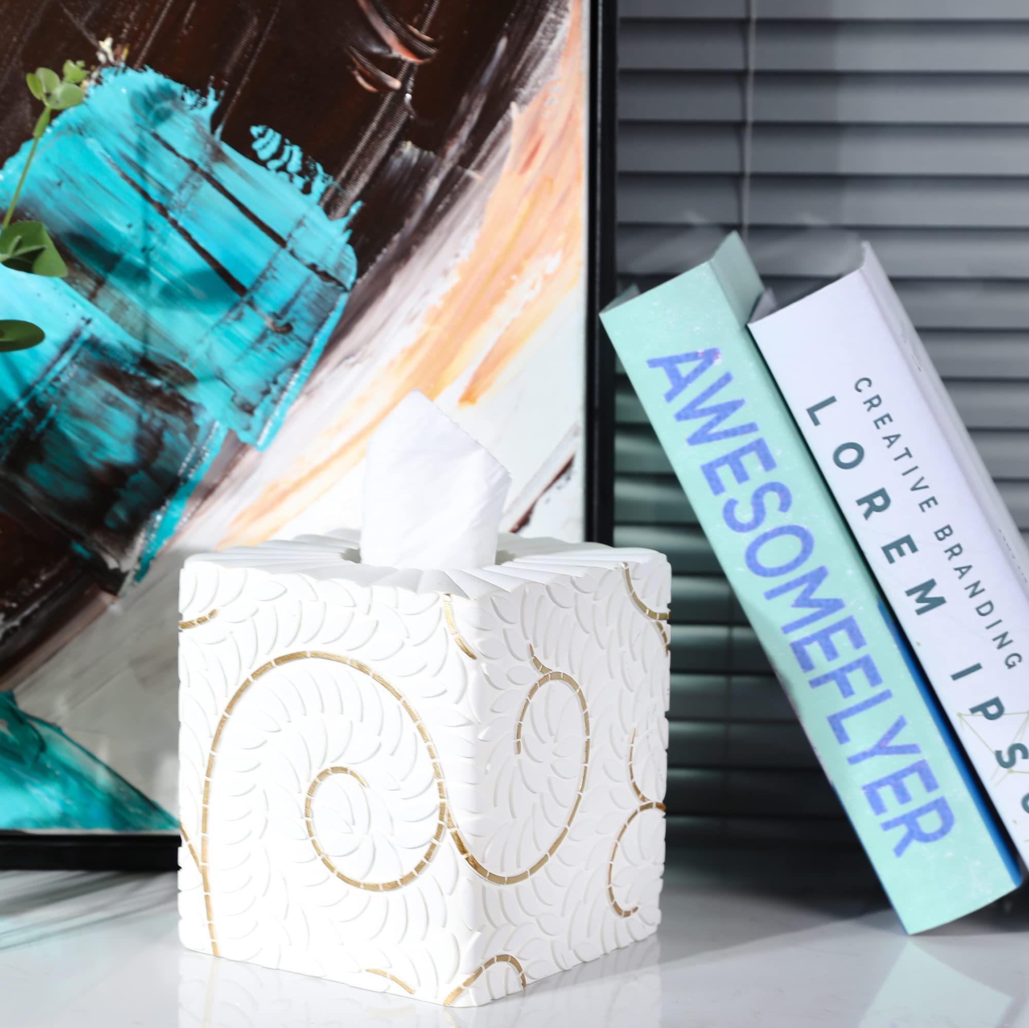 Hymmah Square Tissue Box Cover Holder with Tray,Unique Cube Design Tissue Dispenser Cover Decor for Vanity Counter Tops Also Great for Bedroom and Living Room
