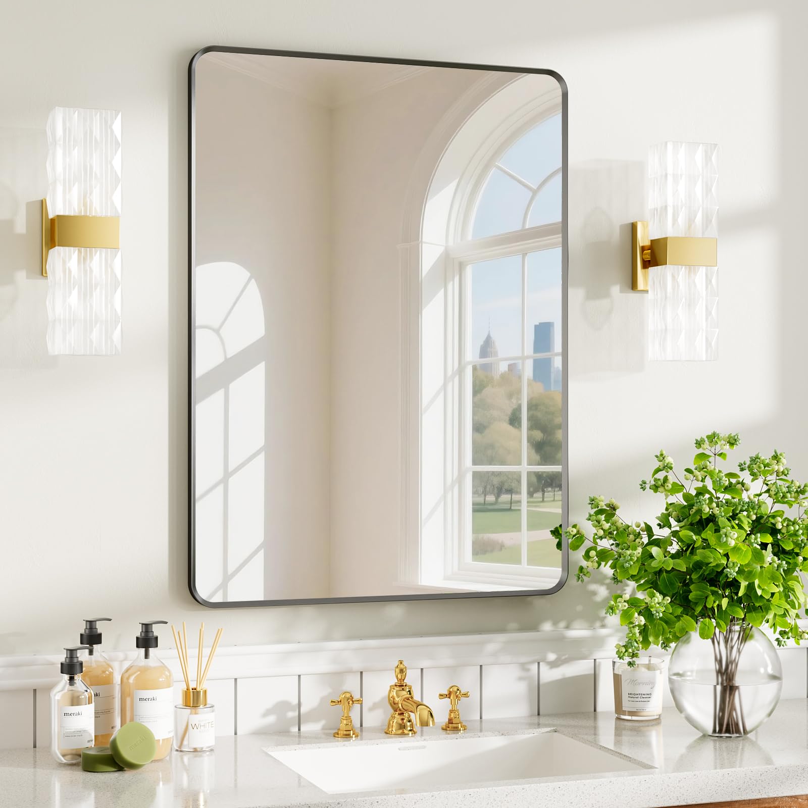 22x30 inch Gold Bathroom Mirror,Rounded Rectangle Gold Metal Framed, HD Tempered Glass, Horizontal or Vertical Hanging, Modern Bathroom Decor