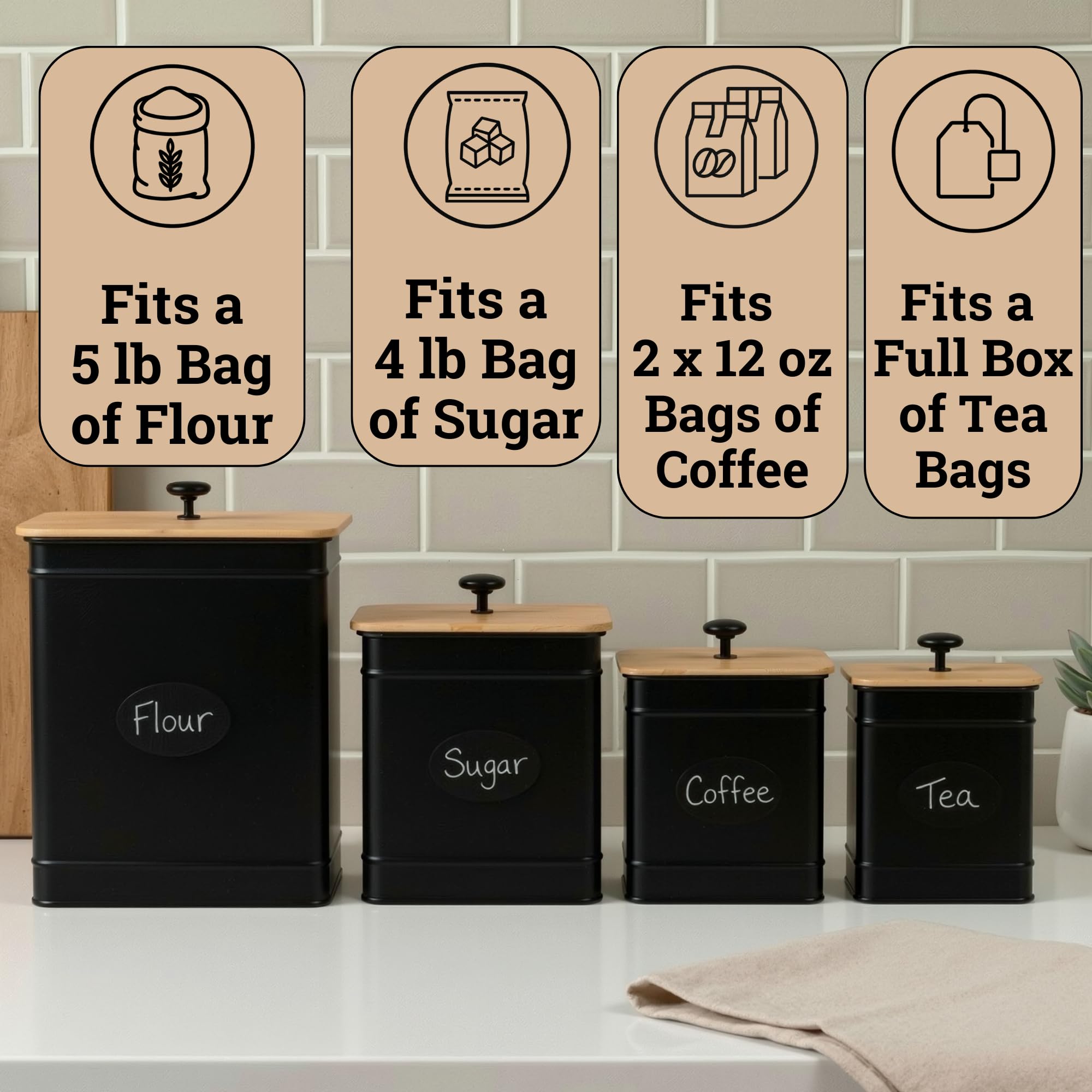 Kitchen Canisters for Countertop Set of 4 w/ Chalkboard Labels & Marker Pen | Airtight Easy Open Bamboo Lids, Dent-Resistant Thick Metal, Customizable Chalkboard Labels, Marker Pen Included, Set of 4