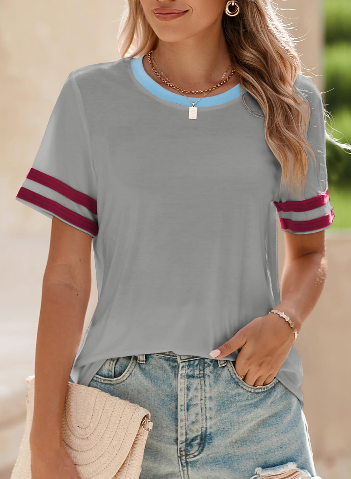 SHEWIN Women's Fashion Casual Crewneck Color Block T Shirts Short Sleeve Summer Tops Tees Slim Fit