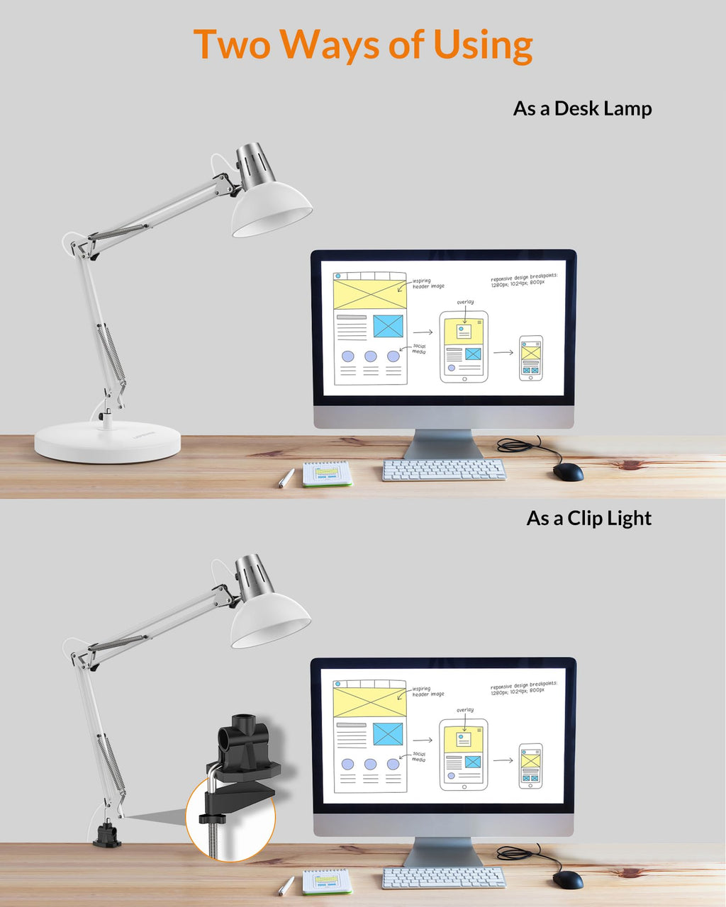 LEPOWER Metal Desk Lamp, Adjustable Goose Neck Architect Table Lamp with On/Off Switch, Swing Arm Desk Lamp with Clamp, Eye-Caring Reading Lamp for Bedroom, Study Room &Office (Sandy Black)