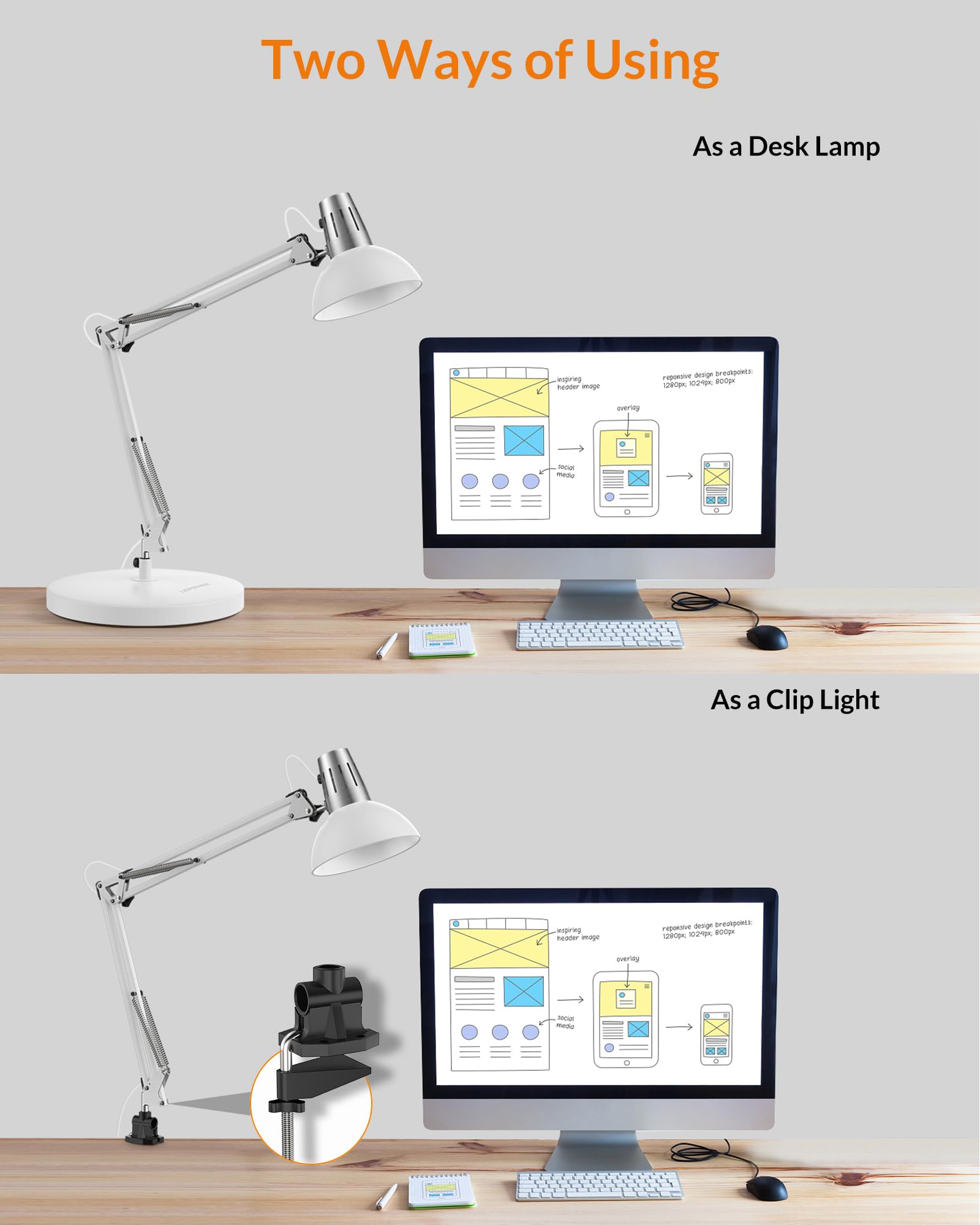 LEPOWER Metal Desk Lamp, Adjustable Goose Neck Architect Table Lamp with On/Off Switch, Swing Arm Desk Lamp with Clamp, Eye-Caring Reading Lamp for Bedroom, Study Room &Office (Sandy Black)