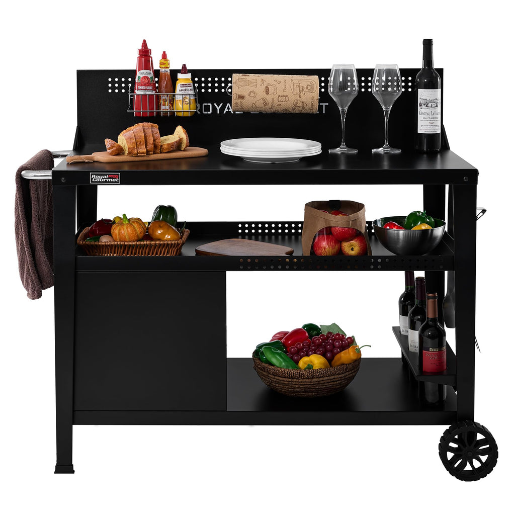 Royal Gourmet PC3404S Rolling Dining Table with Trash Bag Holder, Outdoor Garden Patio BBQ Kitchen Food Prep Table Cart, 34"L x 20"W Stainless Steel Tabletop, Silver & Black