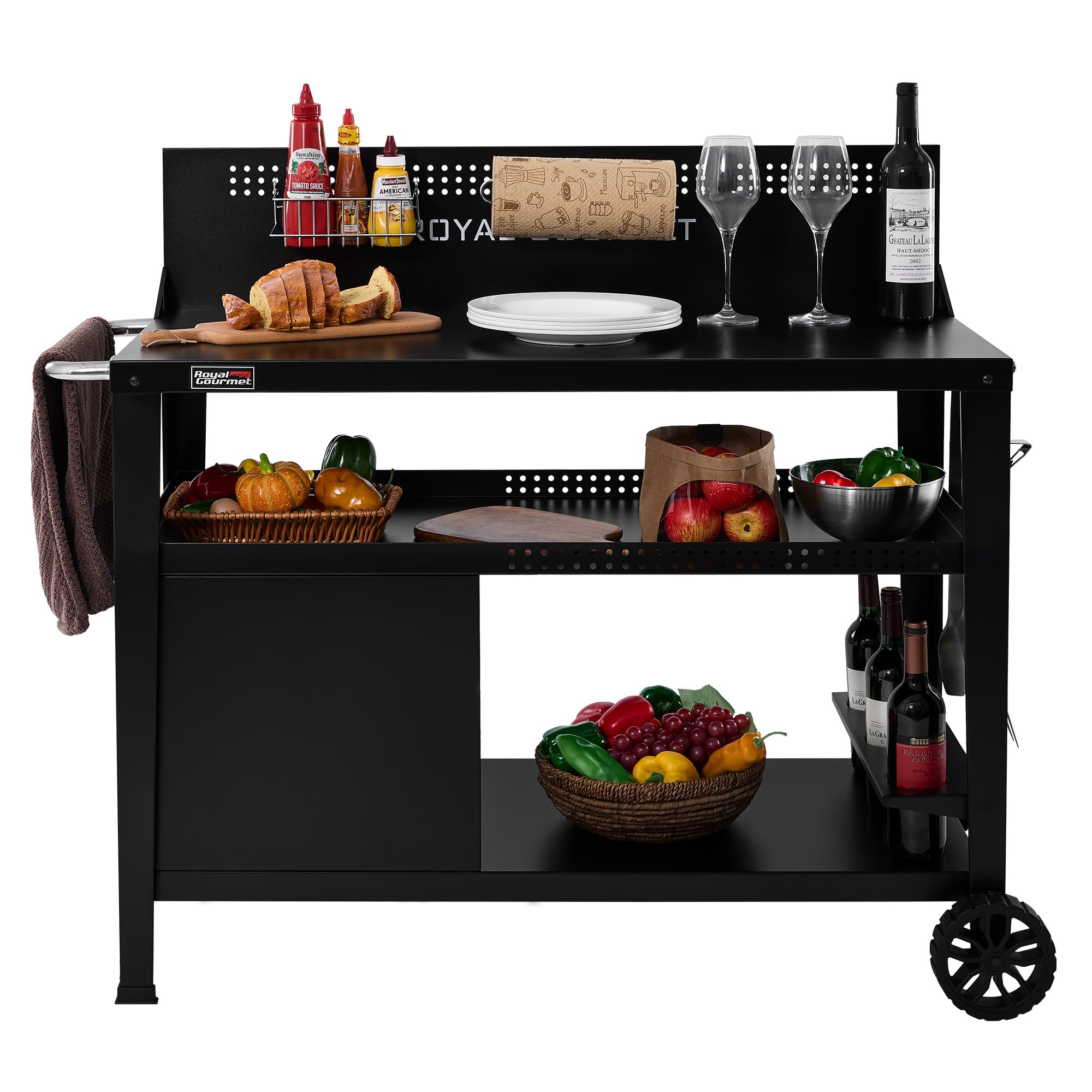 Royal Gourmet PC3404S Rolling Dining Table with Trash Bag Holder, Outdoor Garden Patio BBQ Kitchen Food Prep Table Cart, 34"L x 20"W Stainless Steel Tabletop, Silver & Black